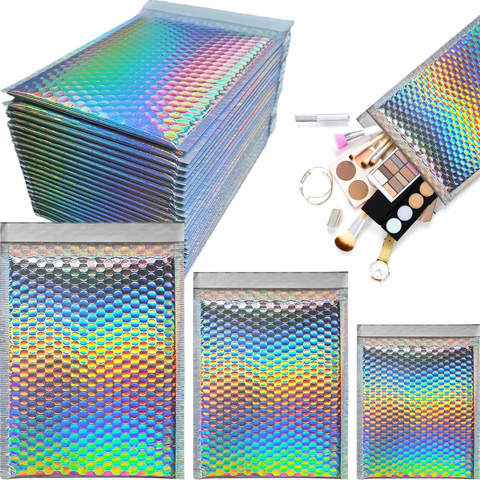 Set di 100 buste imbottite olografiche, include 20 buste da 25 x 20 cm, 30 pezzi da 15 x 20 cm, 50 buste metalliche autoadesive per piccole imprese