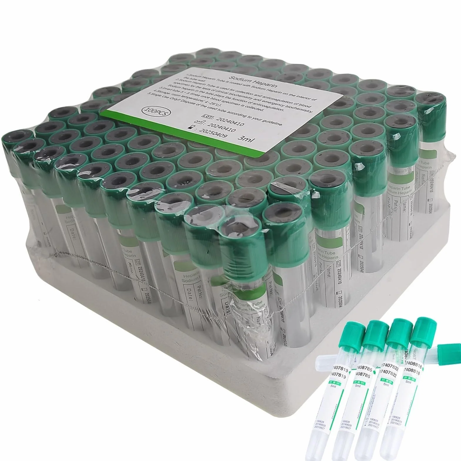 Provette for prelievo di sangue sottovuoto, provette in vetro con eparina al litio da 3 ml/5 ml con tappo a vite verde, for laboratori e unità di ricerca scientifica, 100 pezzi(5ml)