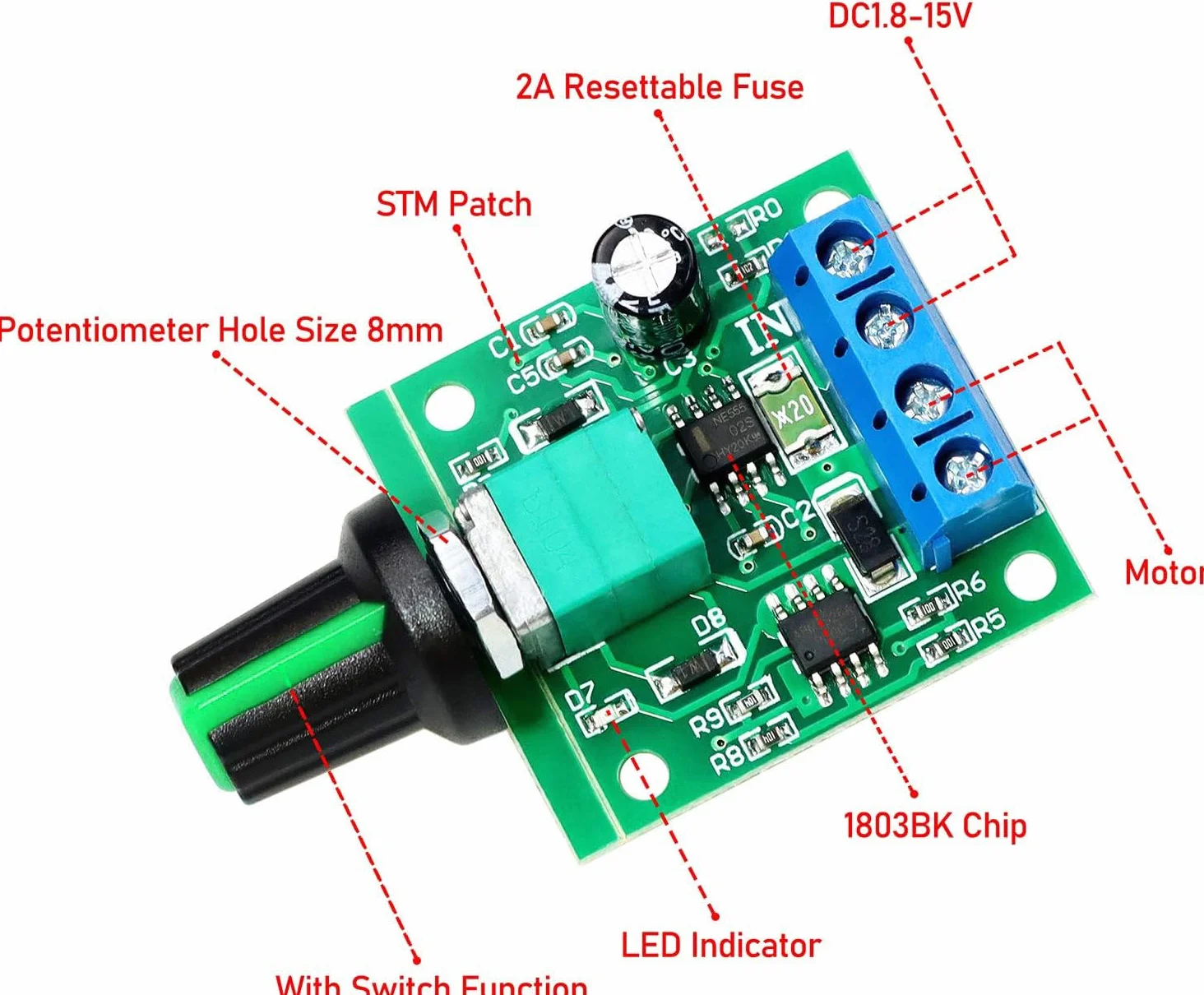 Gebildet 2pcs PWM Regolatore di Velocità del Motore a Bassa Tensione DC 1.8V 3V 5V 6V 12V 2A 1803BK 1803B Interruttore Driver Regolabile con Manopola di Controllo della Velocità