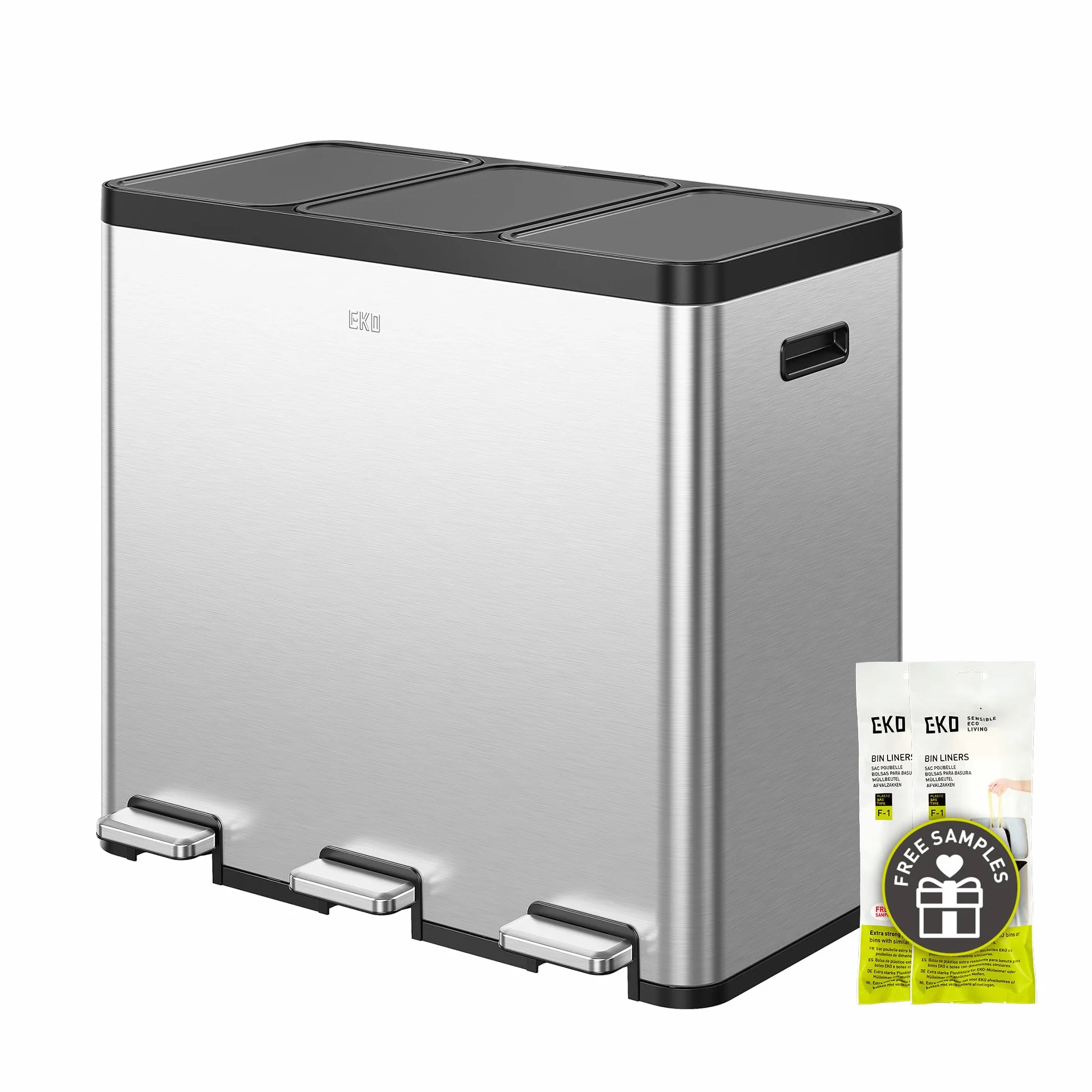 EKO Essential - Pattumiera a 3 scomparti, 3 x 20 litri, sistema di raccolta differenziata, con 20 sacchi della spazzatura, con coperchio, chiusura delicata e ermetica, in acciaio inox spazzolato