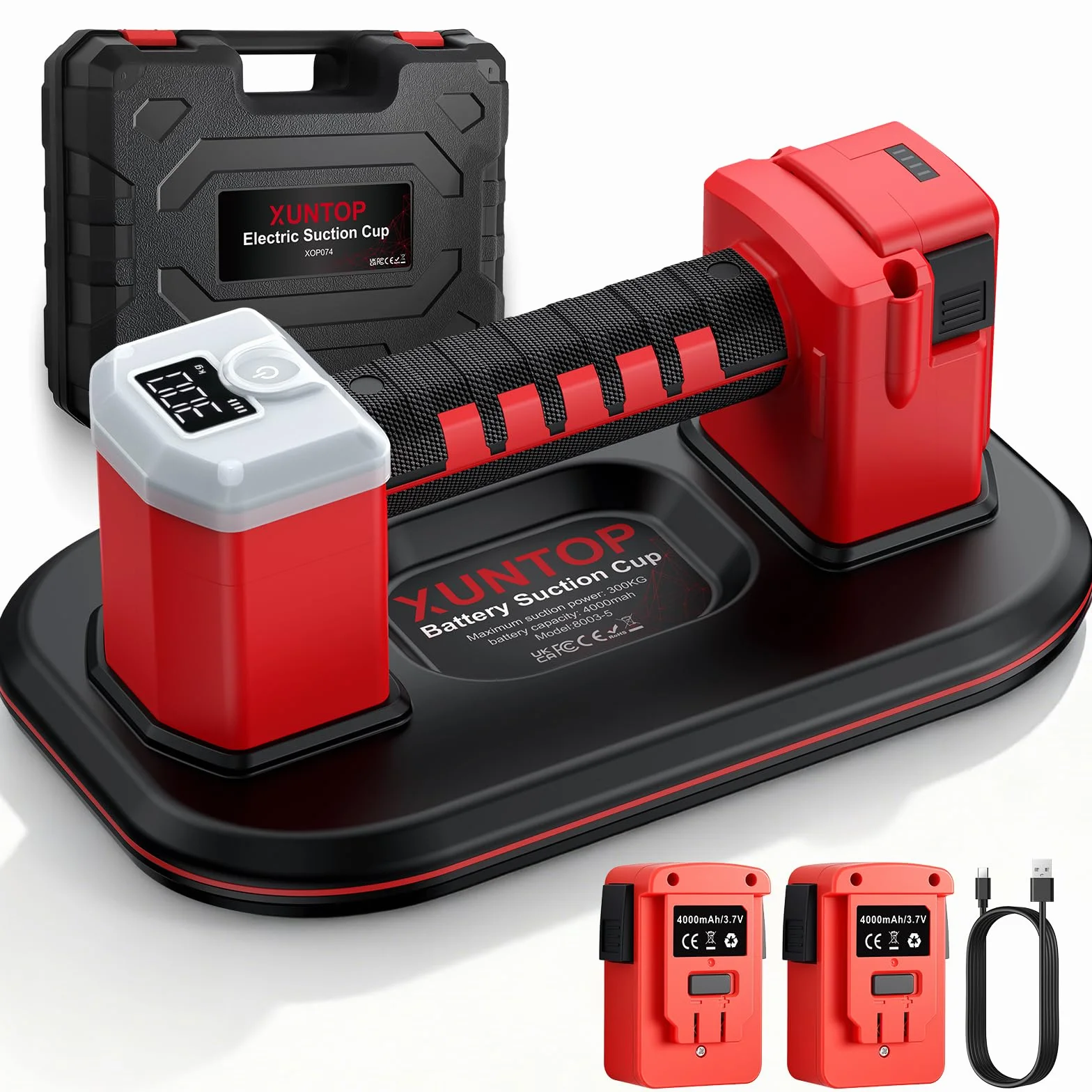 XUNTOP 10" Ventosa a Batteria Professionale 300KG a Doppio Motore 9000 Giri/min con Display LCD, Sollevatore Elettrico Aspirazione Automatica per Piastrelle e Vetro, con Extra Batteria di Ricambio