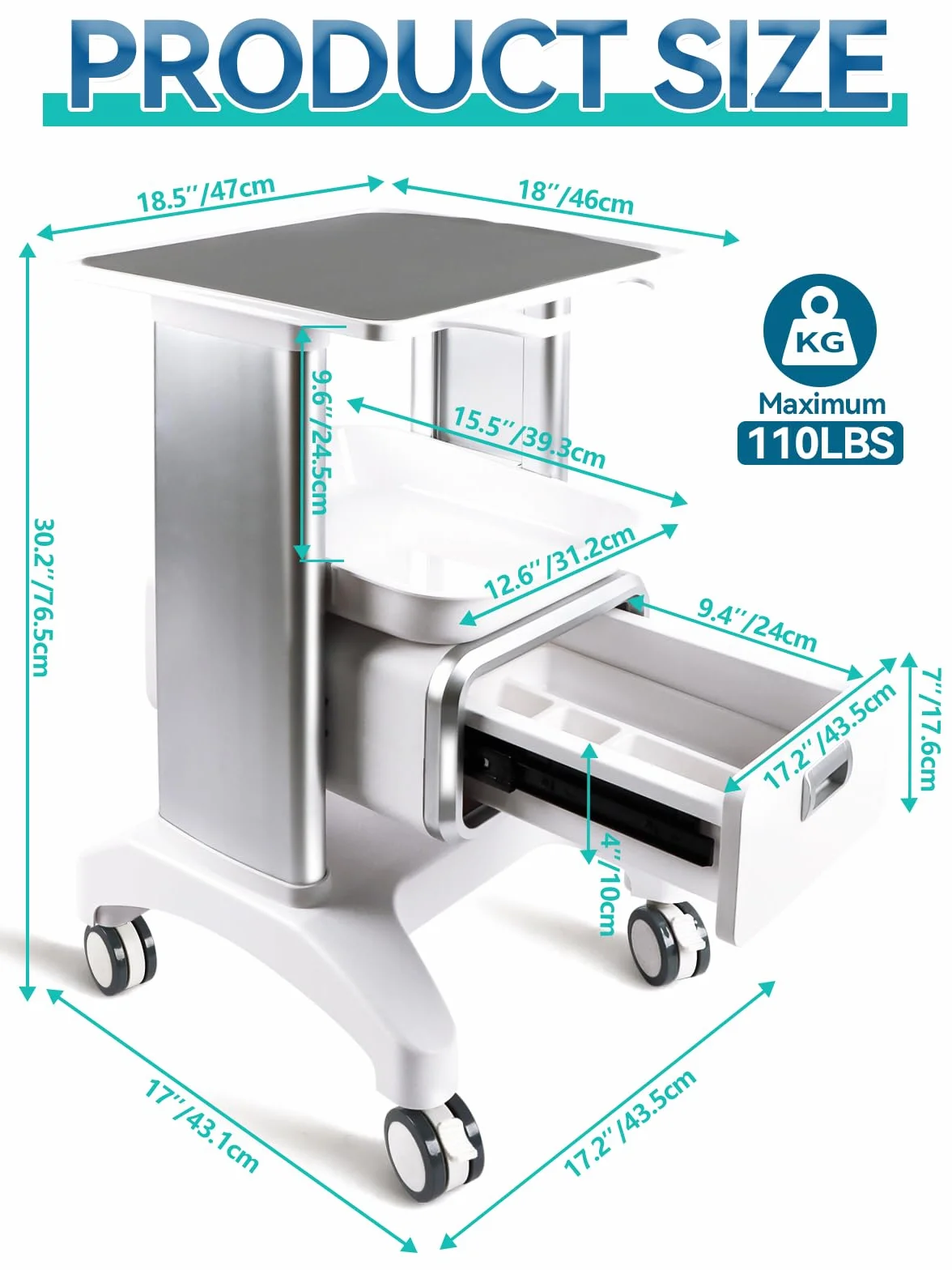 EBANKU Carrello medico con ruote, carrello professionale con cassetto, dotato di cuscinetti antiscivolo, per clinica, spa, ufficio, camera da letto