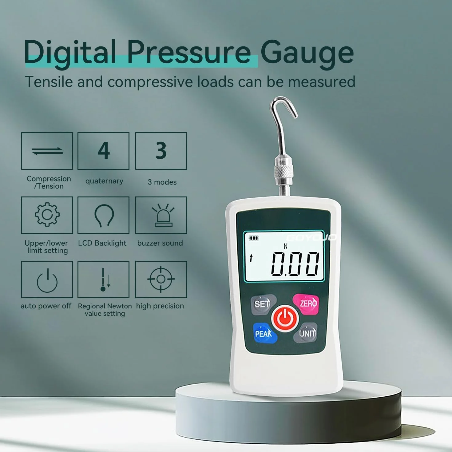 GOYOJO Misuratore di Forza Digitale, Misuratore Push-pull di Alta Precisione per Prove di Trazione e Compressione Unità (N, kg, lb, oz) Modalità Tempo Reale/Picco/Primo Picco (500N)