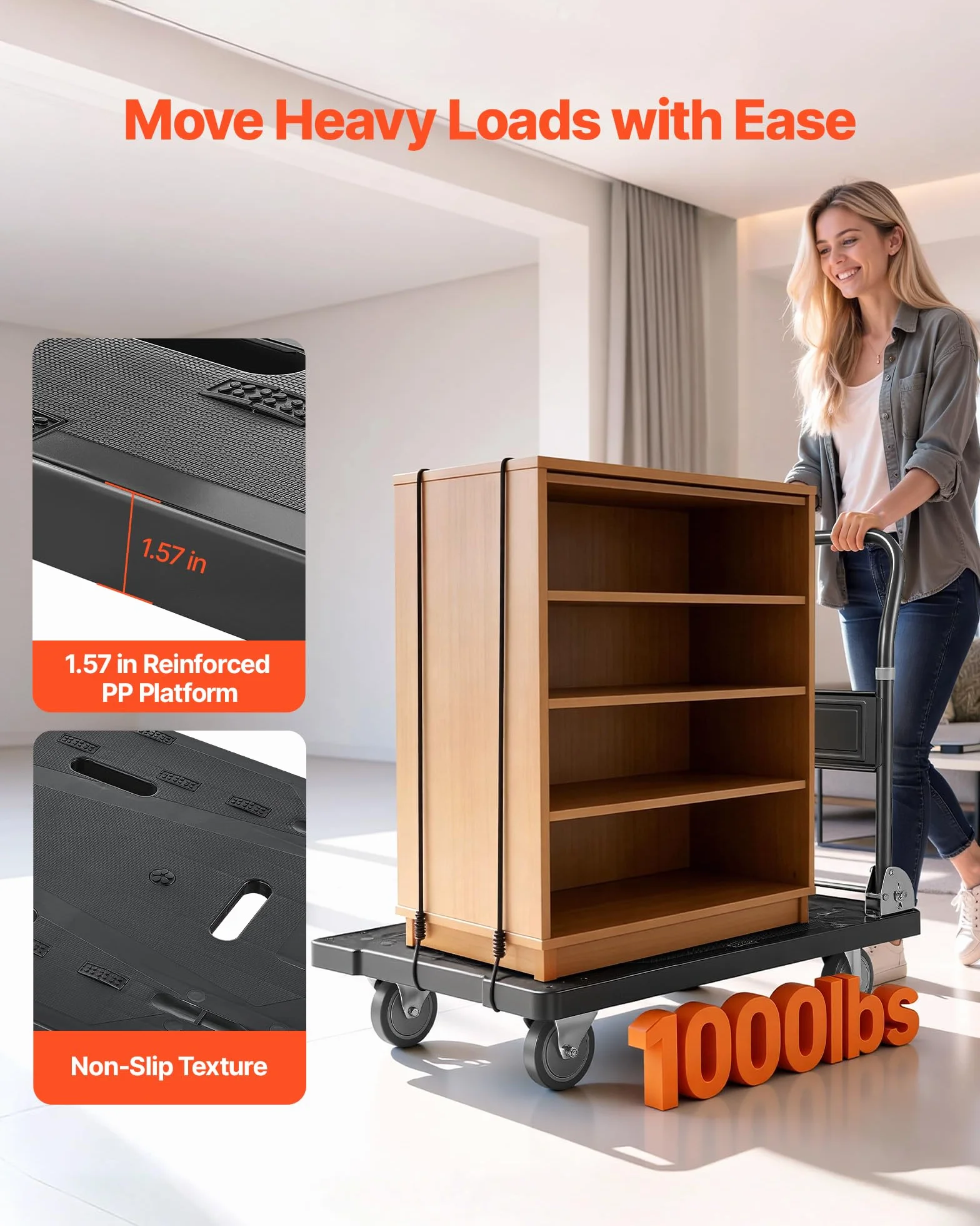 VEVOR Carrello Pieghevole da Trasporto Capacità Carico max. 453,59kg, Carrello con Piattaforma Pieghevole Salvaspazio Dimensioni Piegate 895x595x290 mm Maniglia di Spinta per Traslochi Pacchi Merci