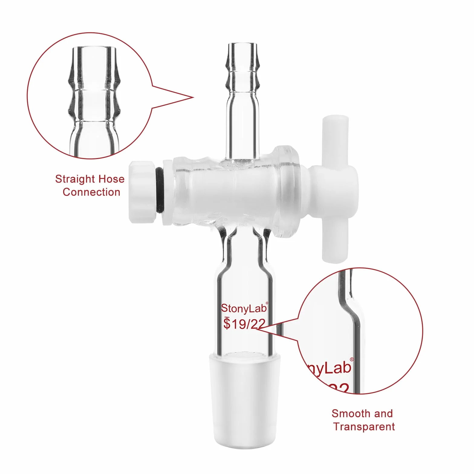 Adattatore per Vetro, Controllo del Flusso del Vuoto in Vetro Borosilicato con Rubinetto in PTFE, Giunto 19/22, Collegamento del Tubo Dritto Vetreria da Laboratorio