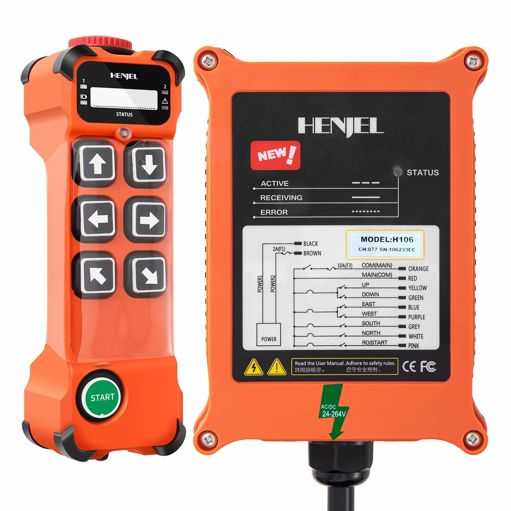 Telecomando della gru senza fili di 24V 36V 220V telecomando industriale della gru del paranco telecomando del carroponte trasmettitore di 6 bottoni e ricevitore di 24-264V AC/DC