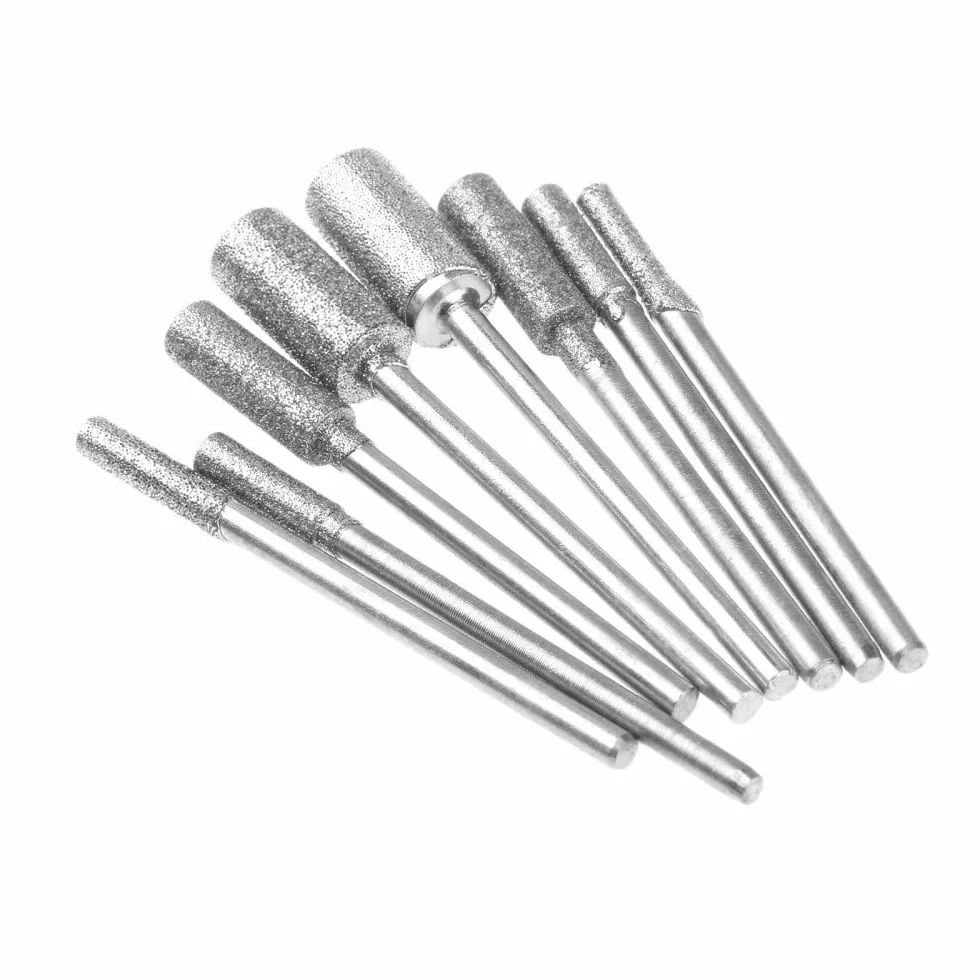 8 pezzi diamante taglio rettifica testa punte montate bit 2,35 mm gambo giada intaglio pietra lucidatura per utensile rotante, come mostrato
