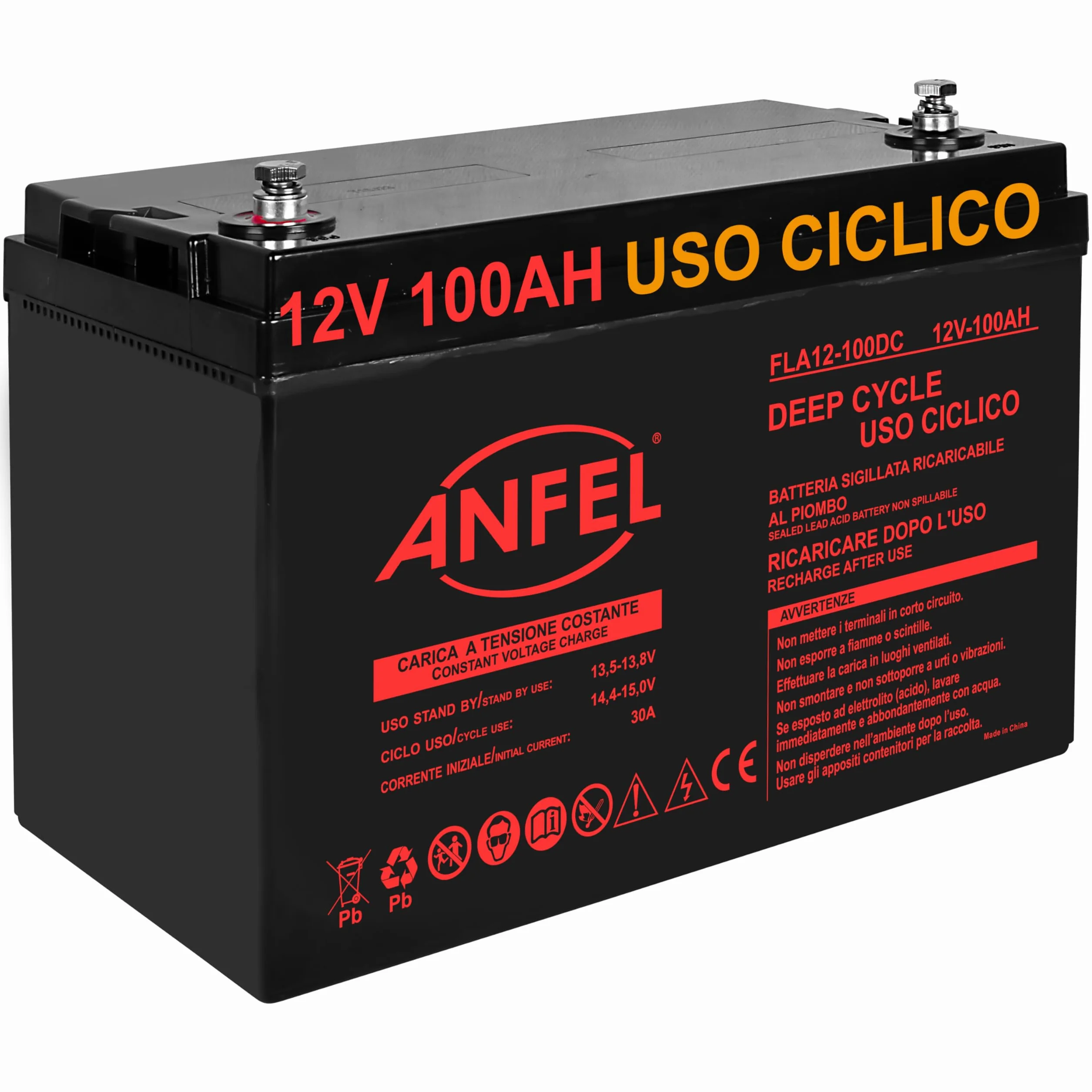 Batteria 12V 100Ah CICLICA Ricaricabile AGM Deep Cycle Solare Camper Barca Nautica UPS Sicurezza Veicoli Elettrici Impianti fotovoltaici SCARICA LENTA