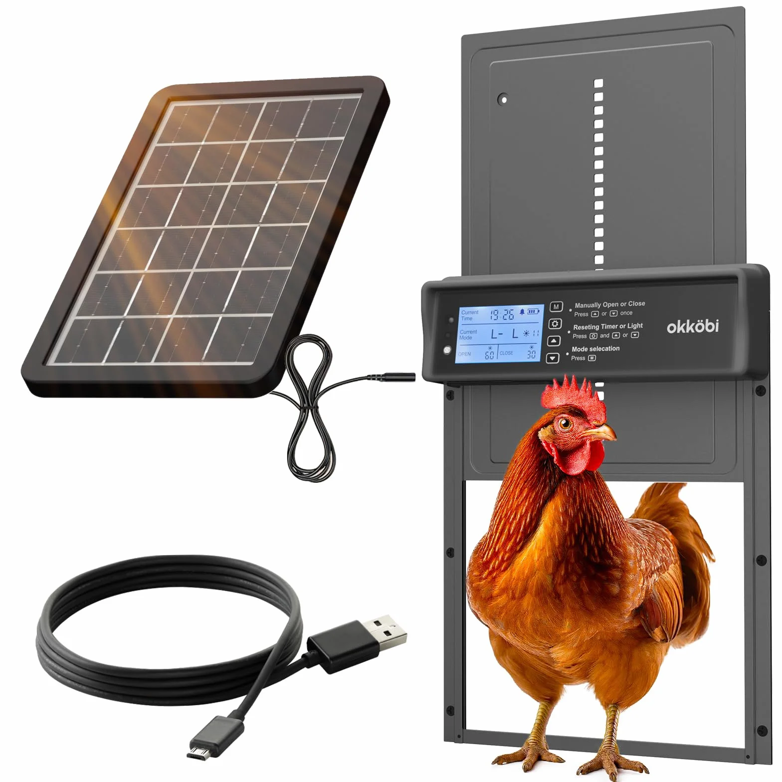 Okkobi Porta Automatica Pollaio Solare - Display LCD - Porta Pollaio con telecomando, Sensore di luce e Timer - Sicurezza e tranquillità: Funzione Antipizzicamento - Protezione di 5 anni