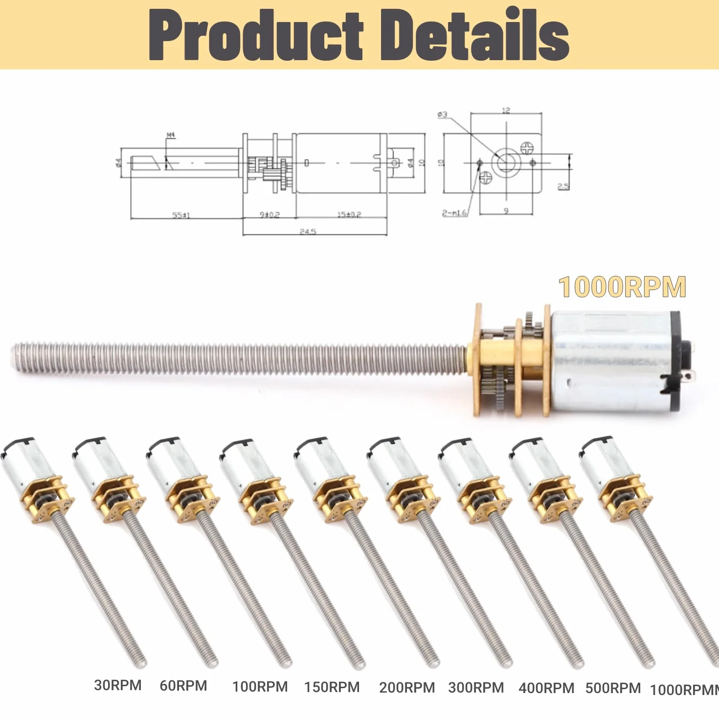 Tyenaza Motoriduttore N20 DC 12V con Lungo M4 55mm Albero Filettato, per Vite di Uscita Miniatura Coppia Elevata Riduttore per Ingranaggi Micro Motor Riduttore per RC Giocattoli (1000RPM)