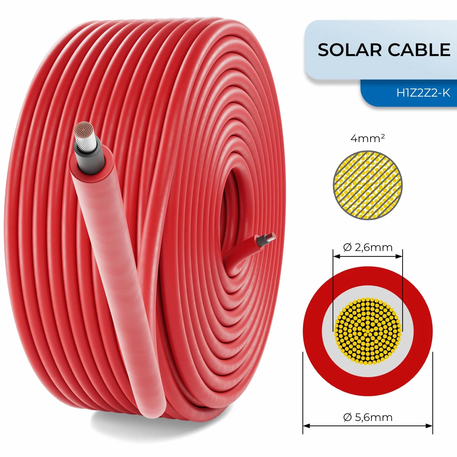 deleyCON 50m Cavo Solare 4mm² Fotovoltaico Resistente UV 1kV AC 1,5kV DC Rosso
