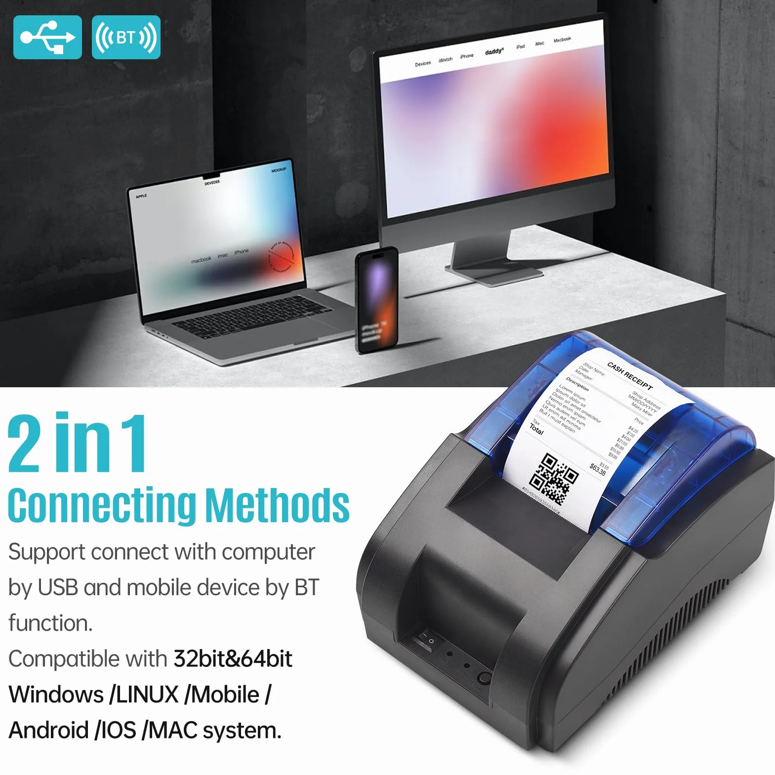 Bisofice Stampante termica 58 mm per Scontrini, Stampante Portatile Bluetooth & USB, Compatibile con Android/Windows, Supporto ESC/POS, per Vendita al Dettaglio