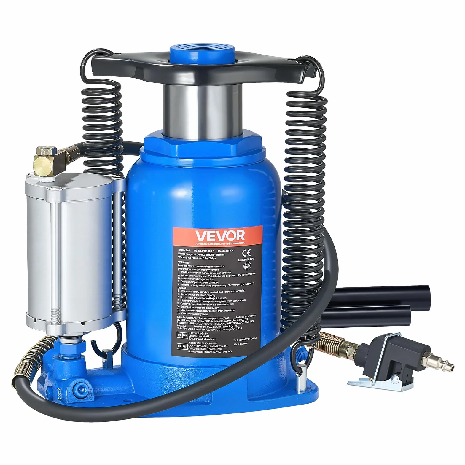 VEVOR Sollevatore a Bastone da Pavimento Capacità 32 t, Intervallo di Sollevamento 255-415 mm, Cric a Bottiglia Saldato per Impieghi Gravosi Pneumatico o Manuale con Pompa per SUV, Camion