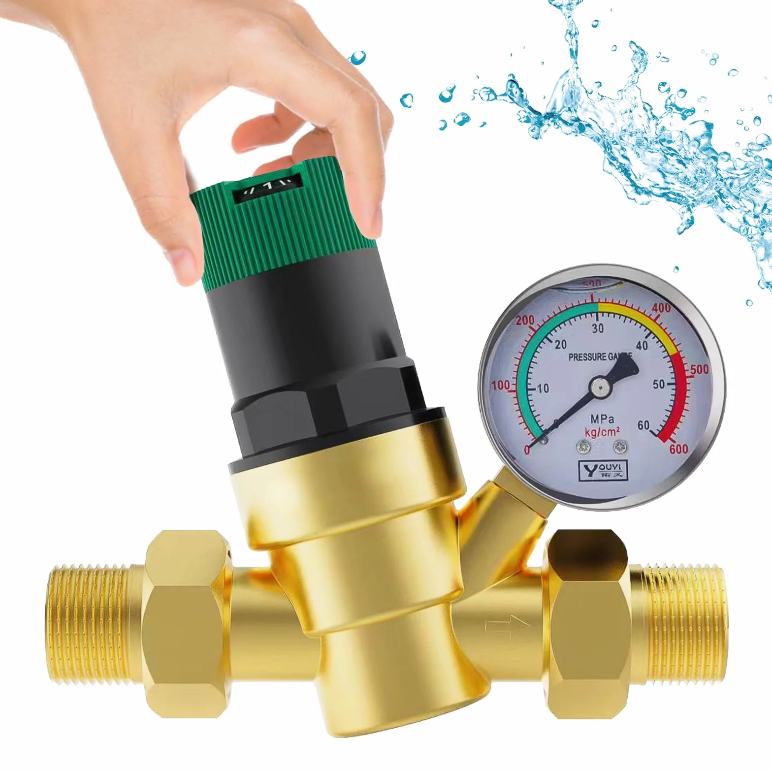 Regolatore di Pressione Acqua 1/2 pollice, DN15 Regolabile Riduttore di Pressione Acqua,con Manometro Pressione Acqua, Regolatore in Ottone per Negozi, Famiglia, Aree Esterne, Fabbriche