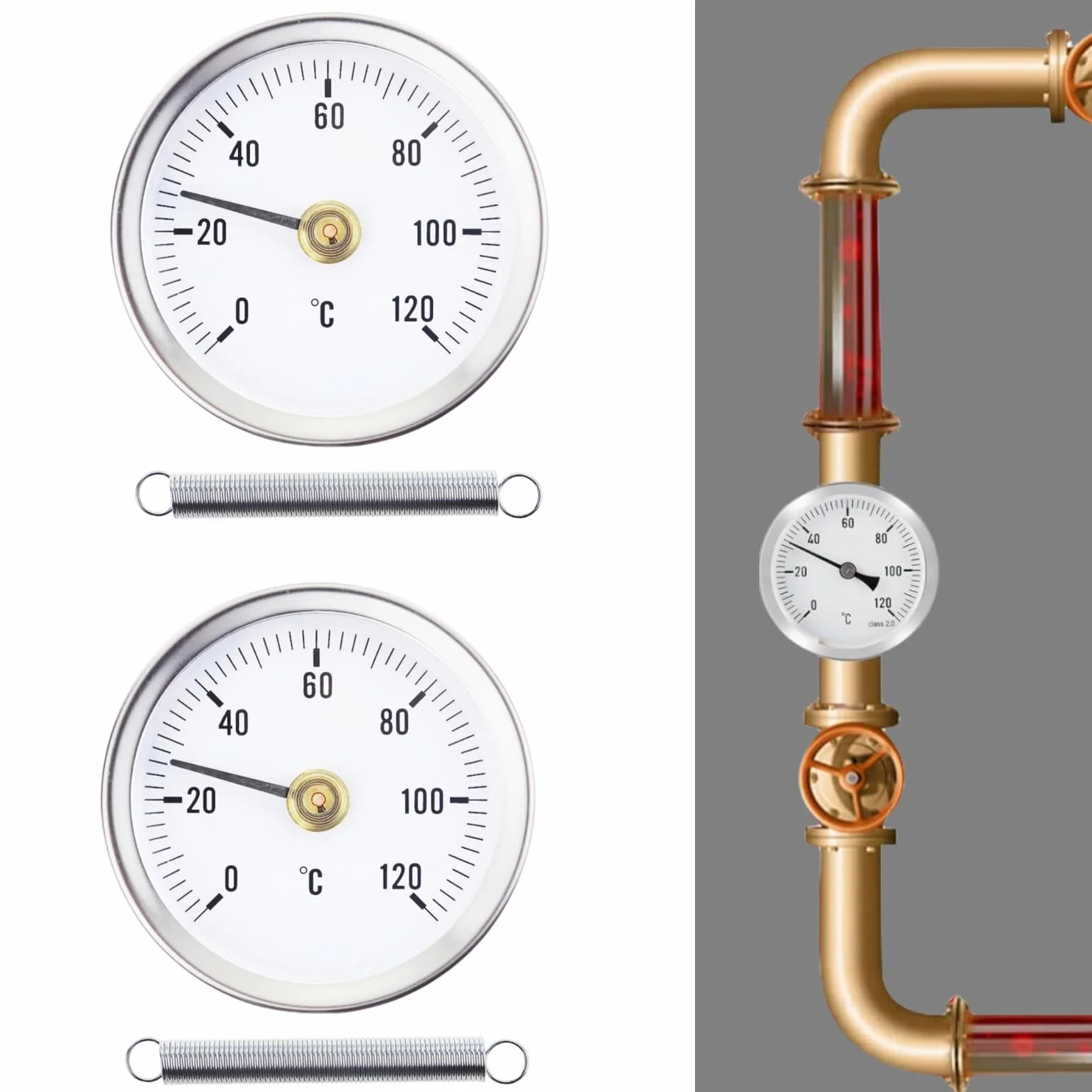2 termometri per riscaldamento 0-120C 63 mm, termostato per radiatore per il controllo della temperatura su tubi del radiatore con contatto bimetallico in acciaio e superficie in acciaio inox.