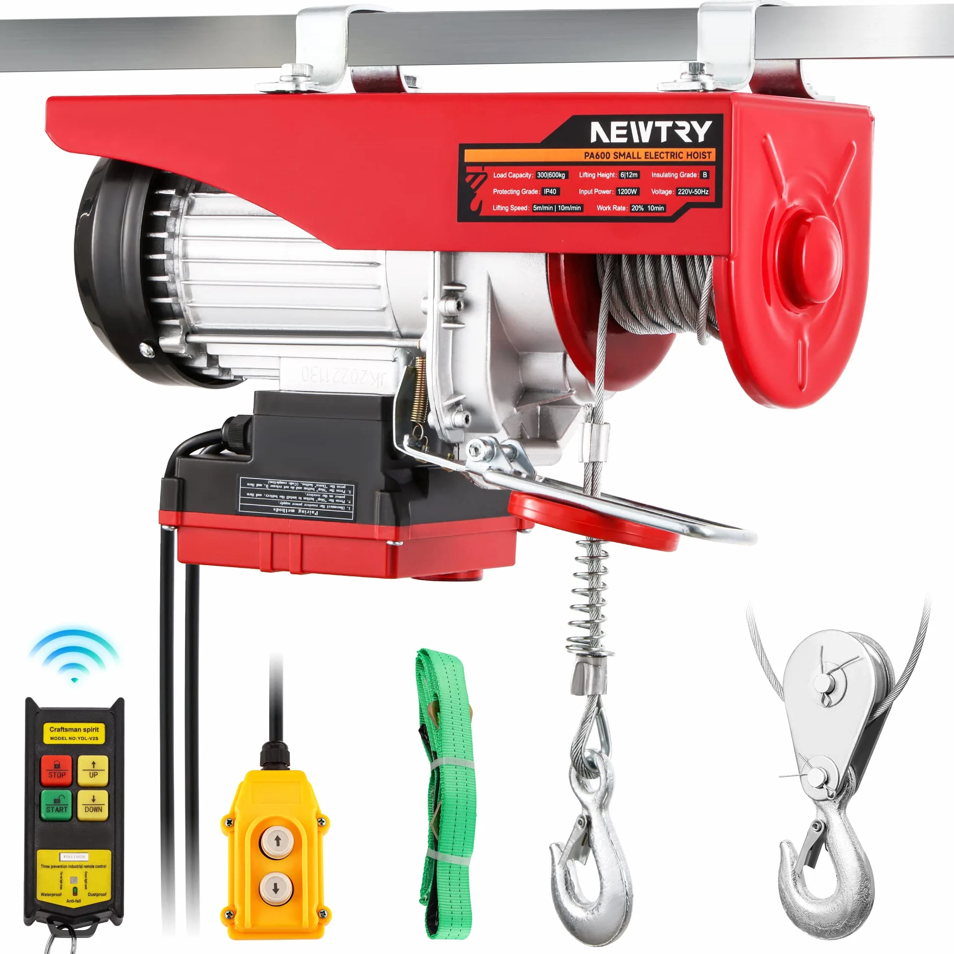 NEWTRY paranco elettrico 300kg/600kg, wireless 100m, controllo a filo 2m, argano elettrico 12m/6m altezza di sollevamento, argano elettrico di piccole dimensioni per casa garage magazzino 1200W