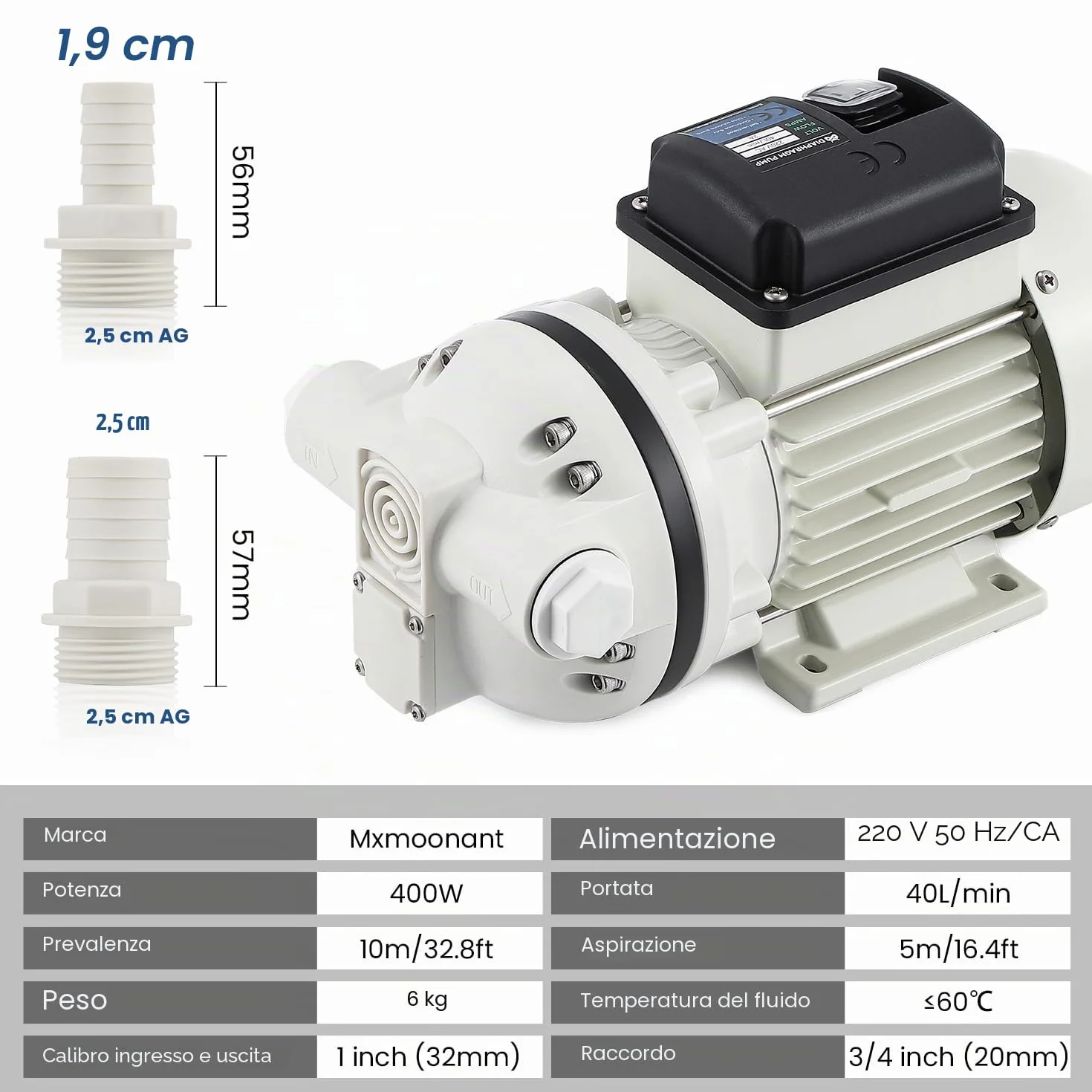 Mxmoonant 220V AC Pompa a Membrana Multi-liquido, 25 Psi, 1,7 Bar, 400W, 40 Lpm/min, Autoadescante, Avvio/Arresto con un Solo Tocco, per Gasolio,DEF, ADblue, Urea, Bevande