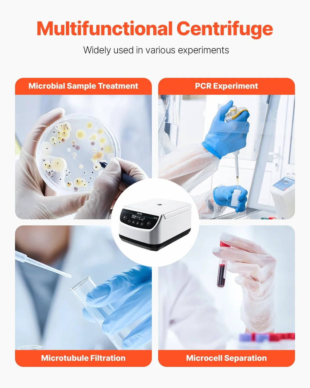 VEVOR Centrifuga da Laboratorio Elettrica 100-1900 xg RCF con Rotore per Provette da 2/5/10/15 ml, Velocità Regolabile da 500 a 4000 Giri/min, Bassa Rumorosità per Esperimenti di Laboratorio