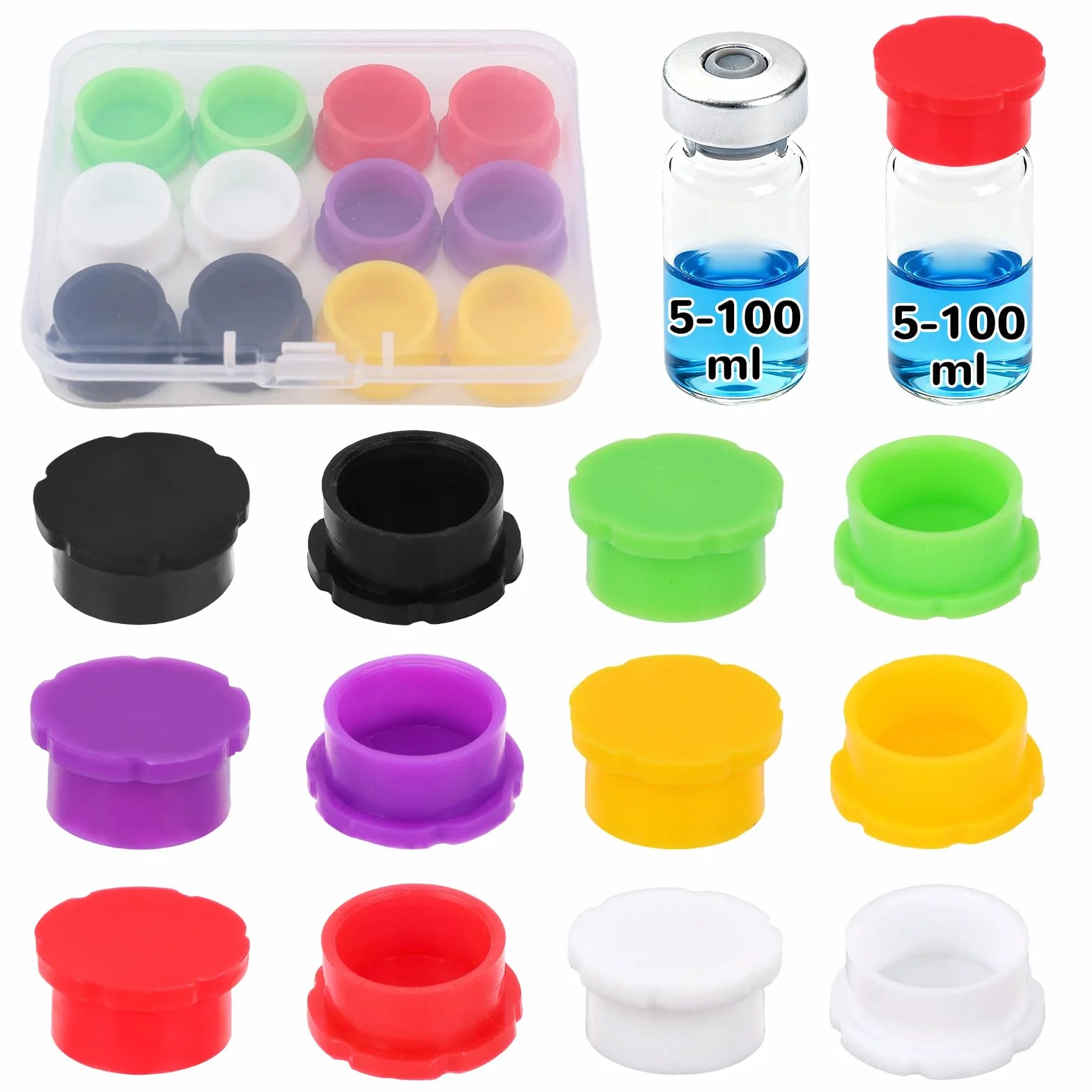Cappucci Vial Vetro 5-100ml 12pz 6 Colori Antipolvere Rimovibile Silicone per Iniezione Conservazione Liquidi