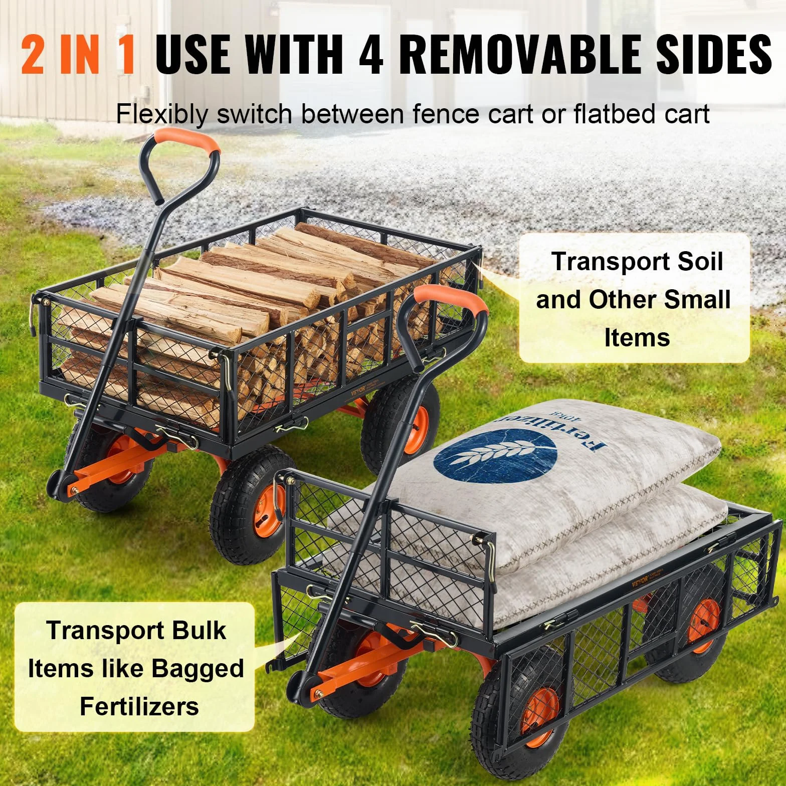 VEVOR Carrello Ribaltabile in Metallo, Carrello Ribaltabile Giardino Telaio Facile Montare, Carriola Utilitaria, Pneumatici 254 mm Carro Ribaltabile Maniglia Convertibile 2 in 1, Capacità 181,4 kg