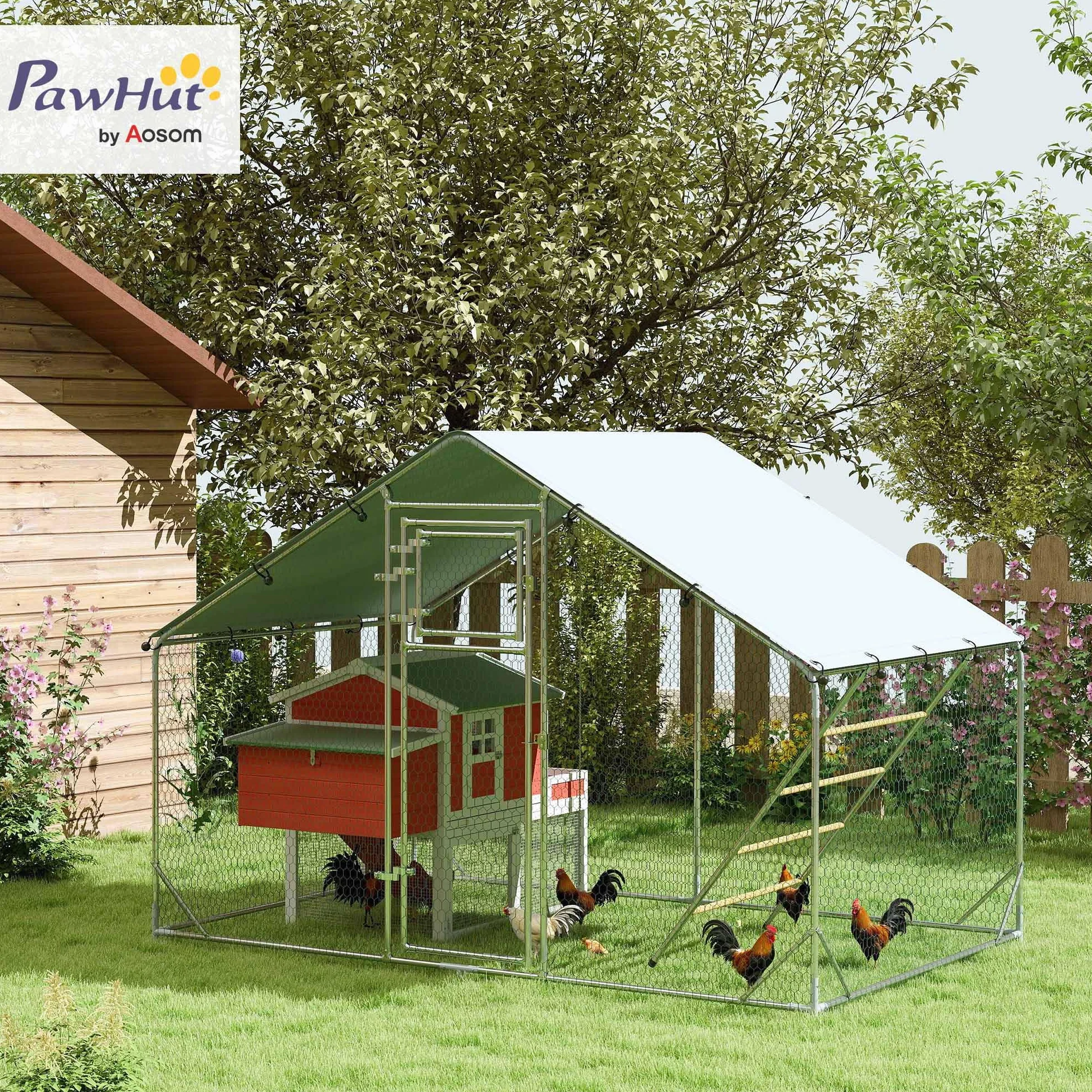 PawHut Pollaio per Galline da Esterno, 3x2x2 m 6 m² Recinto per 6-8 Galline in Acciaio Zincato, Gabbia per Polli con Tetto Impermeabile Anti-UV Mangiatoia Posatoio Serratura, Piccoli Animali Conigli