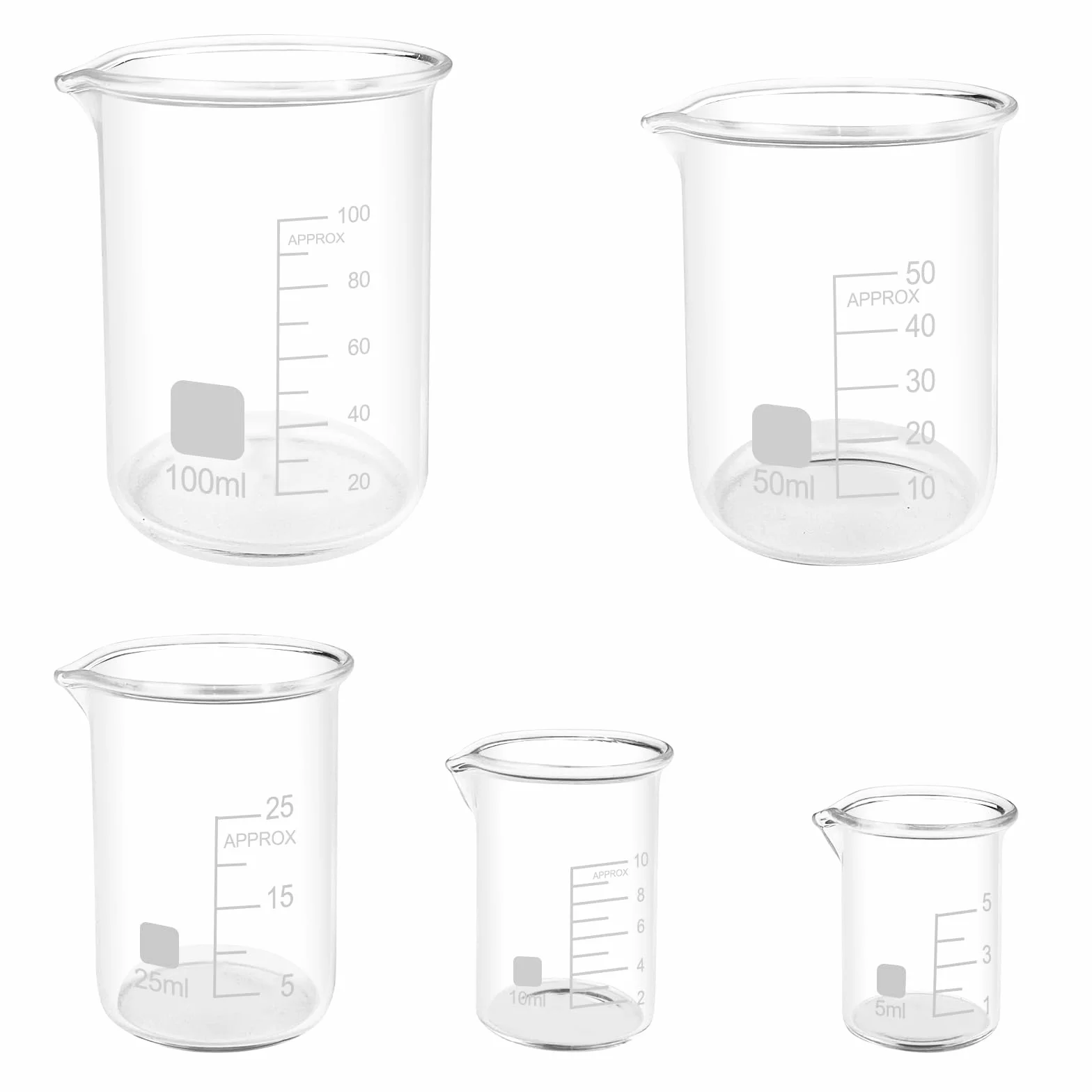 Lixiluxia 5 Pezzi Bicchiere Graduato, Becher Graduato in Vetro Borosilicato 3.3, Contenitore Graduato per Liquidi, Vetreria da Laboratorio, Misurino Graduato in 5 Dimensioni 100ml 50ml 25ml 10ml 5ml