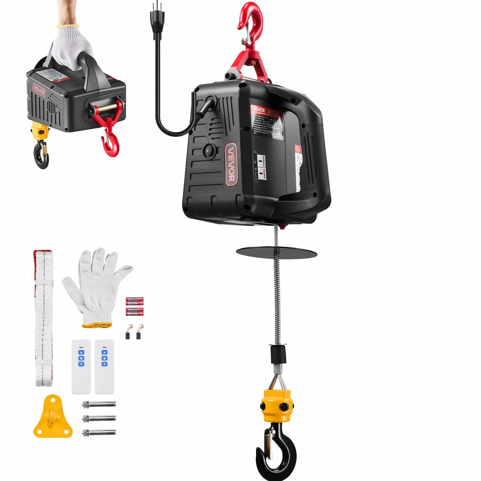 VEVOR Verricello Paranco Elettrico per Sollevamento di Carico, Capacità max. 500 kg, Argano Portatile da 1500 W, Altezza di Sollevamento 7,6 m, Telecomando Manuale e Wireless da Officina Garage