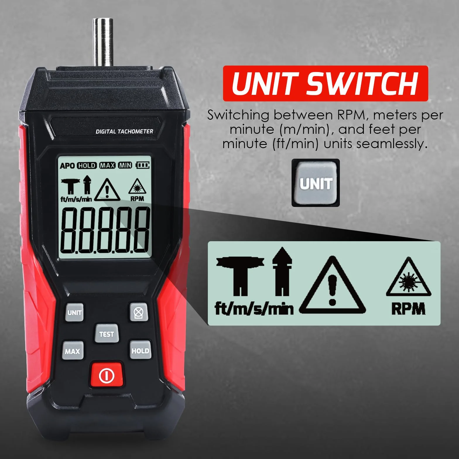 Tachimetro Digitale 2-in-1 con Sensore Laser a Non Contatto (3~99999 RPM) e Modalità a Contatto (3~19999 RPM) - Misuratore di Giri Professionale con Funzioni MAX/MIN/HOLD, Portatile per Motori Auto
