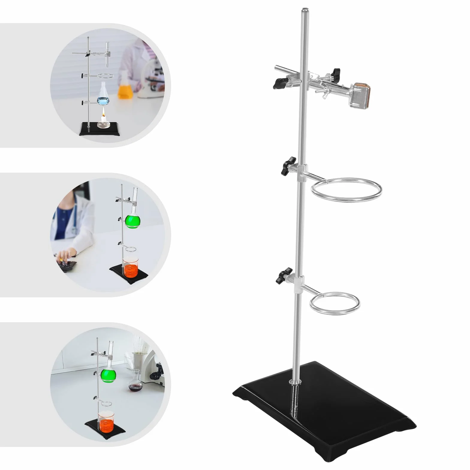Supporto per laboratorio, 13 x 21 cm, lunghezza asta 50 cm, con morsetto regolabile in altezza, per esperimenti chimici e fisici