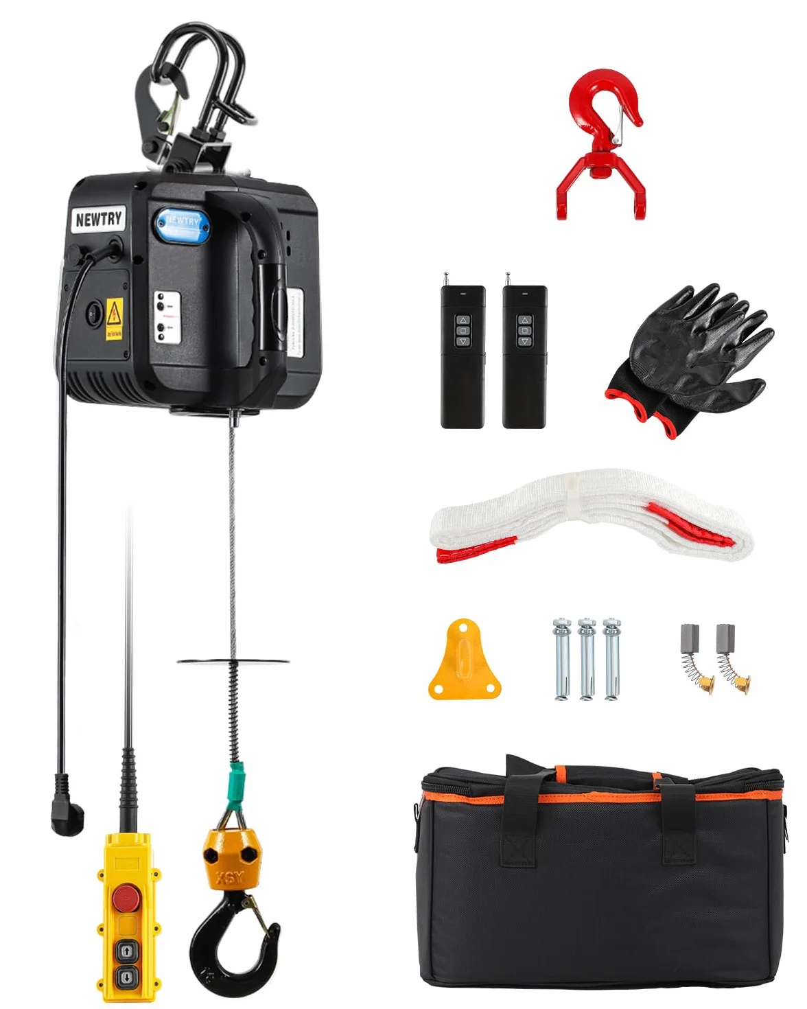 NEWTRY 1600W Paranco elettrico 500 kg PRO, con telecomando da 100 m e comando a filo da 5 m, sollevamento massimo di 9 m, ganci doppi più sicuri con istruzioni in italiano