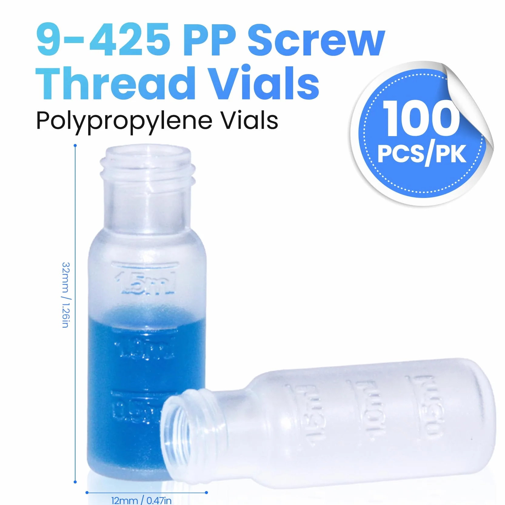ALWSCI 2mL 9-425 PP vials per autocampionatori con graduazione. Tappo a vite a nervatura con septa da 9 mm in poliimmide/silicone rosso di 1 mm di spessore. 100pz/pz.