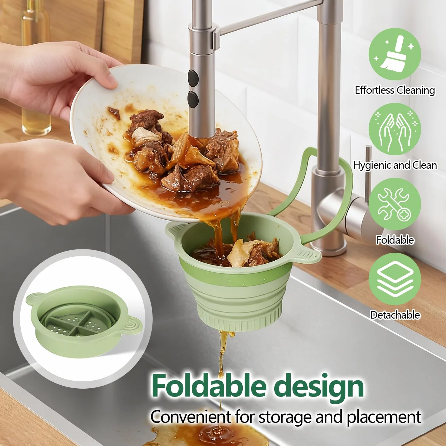 Pieghevole Cestello di Scarico per Lavello da Cucina, Cestello Filtro per Lavandino in Silicone, Rimovibile da Appendere, per Filtrare i Residui di Cibo e Prevenire L'Intasamento del Lavello (Verde)
