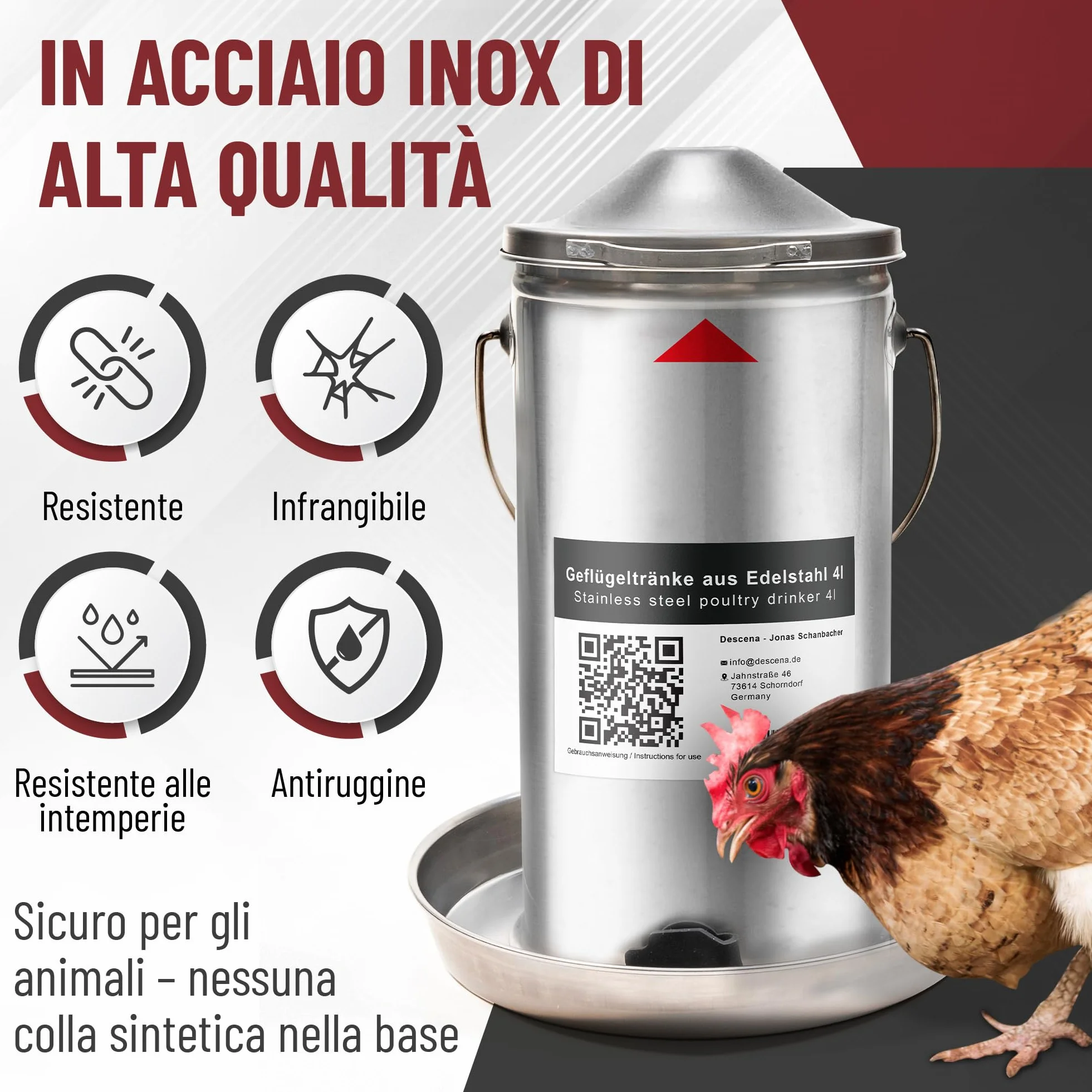 Abbeveratoio per Galline 4L in Acciaio Inox 304 (V2A) – Riempimento dall'alto, compatibile con riscaldatori e piastre riscaldanti, per pollaio