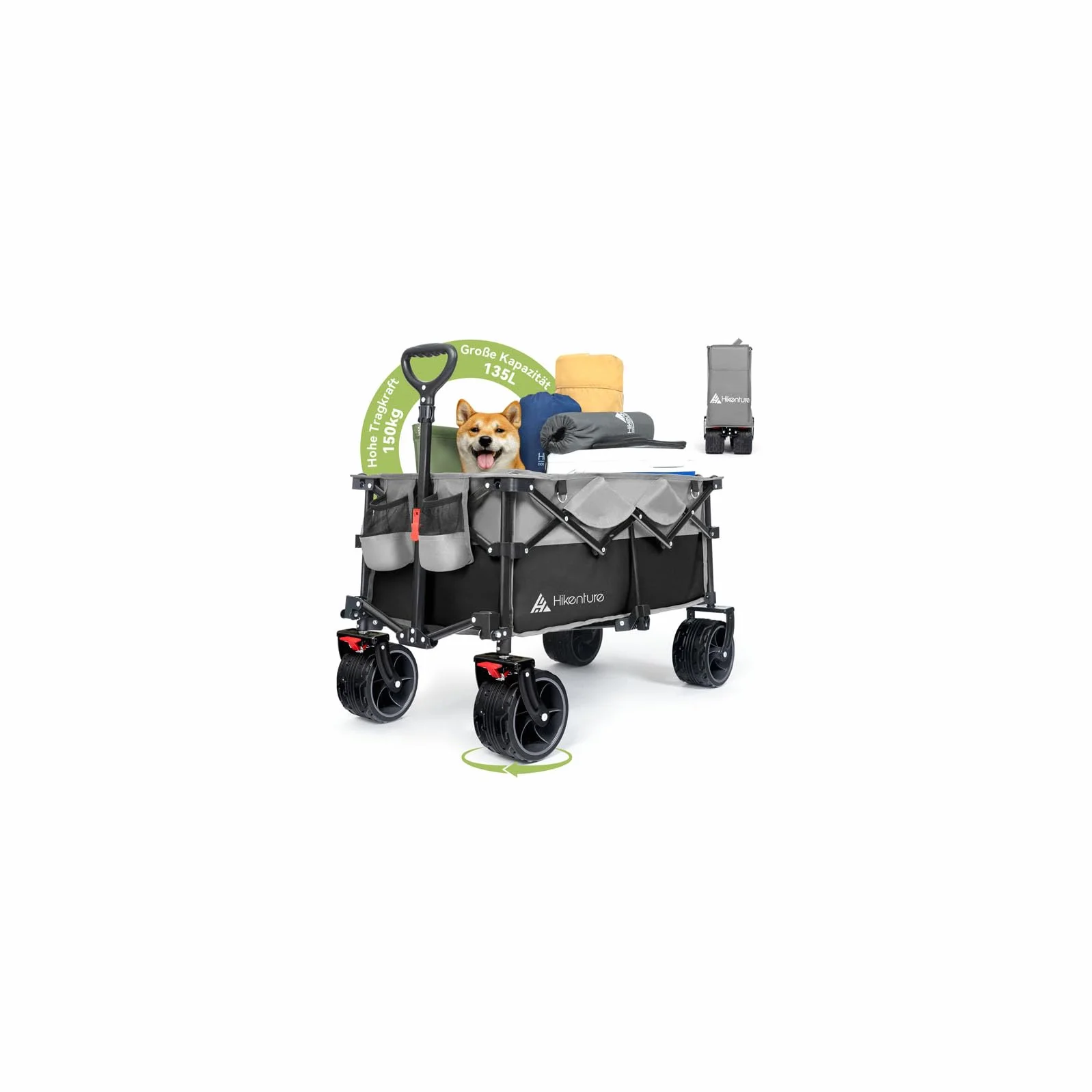 HIKENTURE - Carrellino pieghevole da 135 l, portata: 150 kg, con pneumatici larghi, con freni, carrello per la spesa, colore nero e grigio