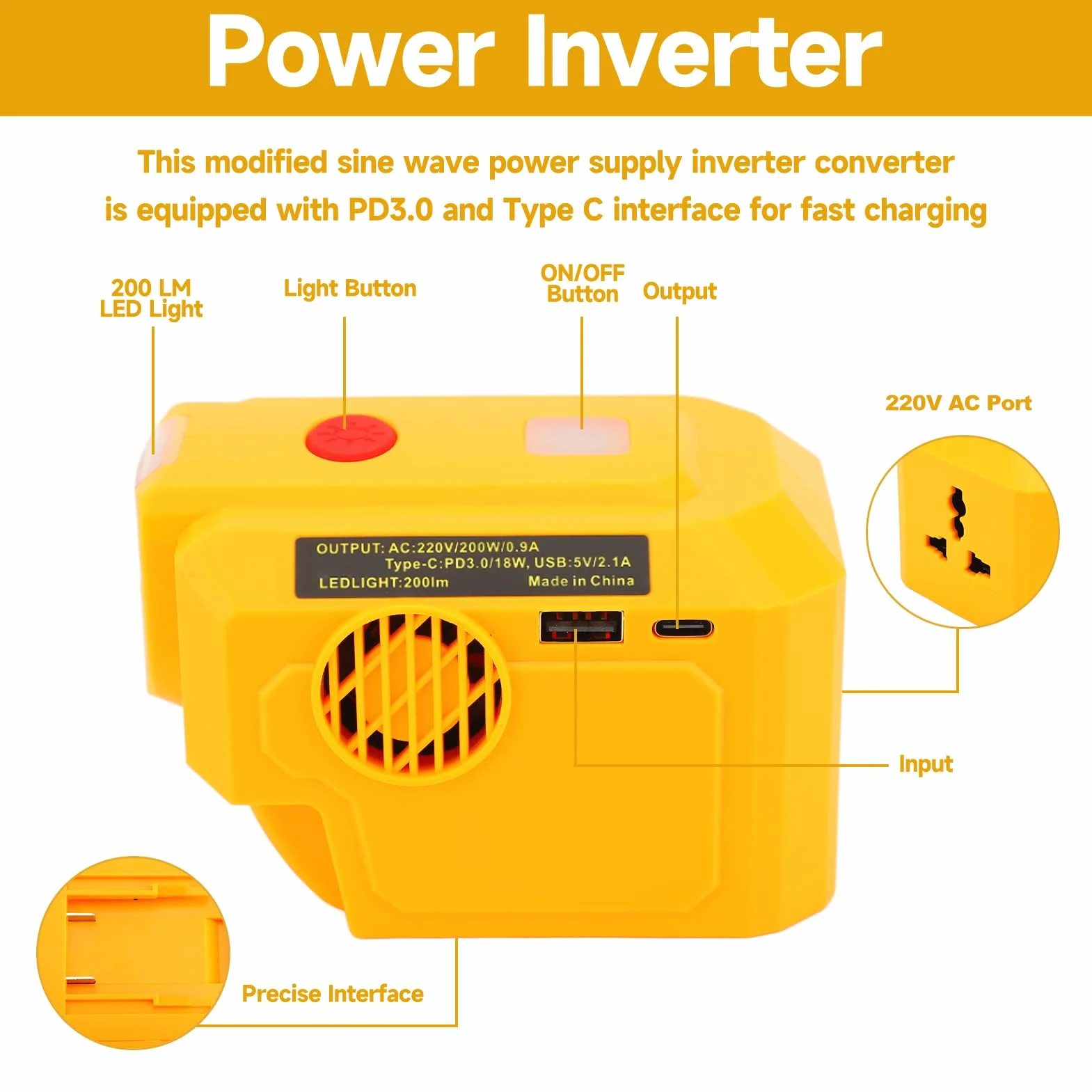 Convertitore Inverter di Alimentazione Portatile Ad Alta Efficienza con PD3.0 e Interfaccia di Tipo C 200 W (220V)