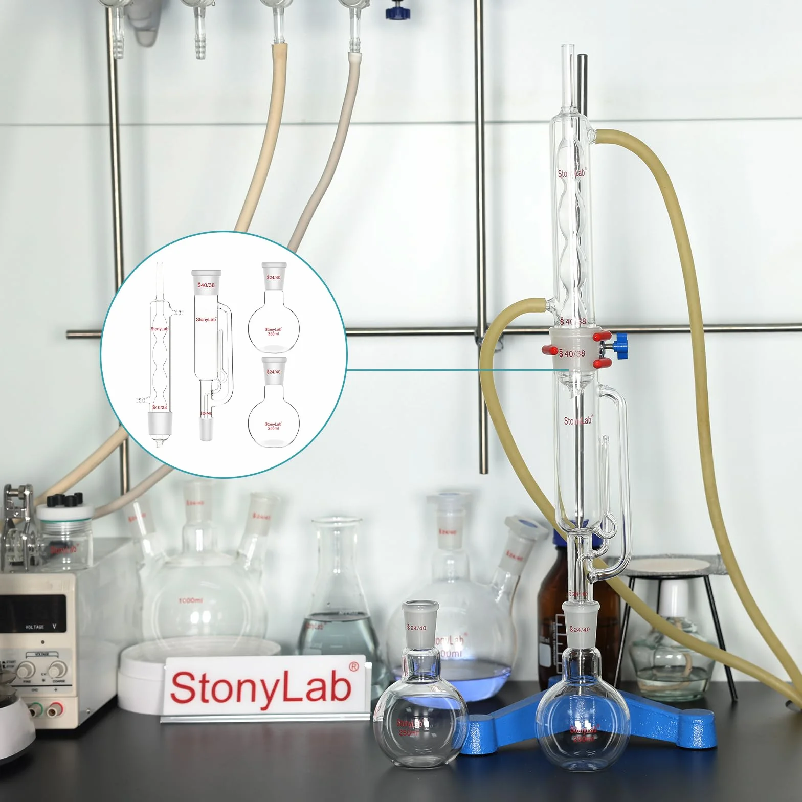 stonylab Soxhlet Extractor Borosilicate Glass 40/38 250 ml Allihn Condenser Flat Bottom Flask 24/40