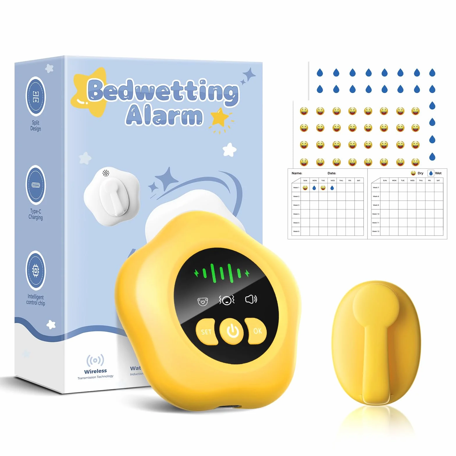 Allarme enuresi wireless, USB ricaricabile, vasino con suono e vibrazione, giallo, per bambini e adulti, con sensore di umidità enure