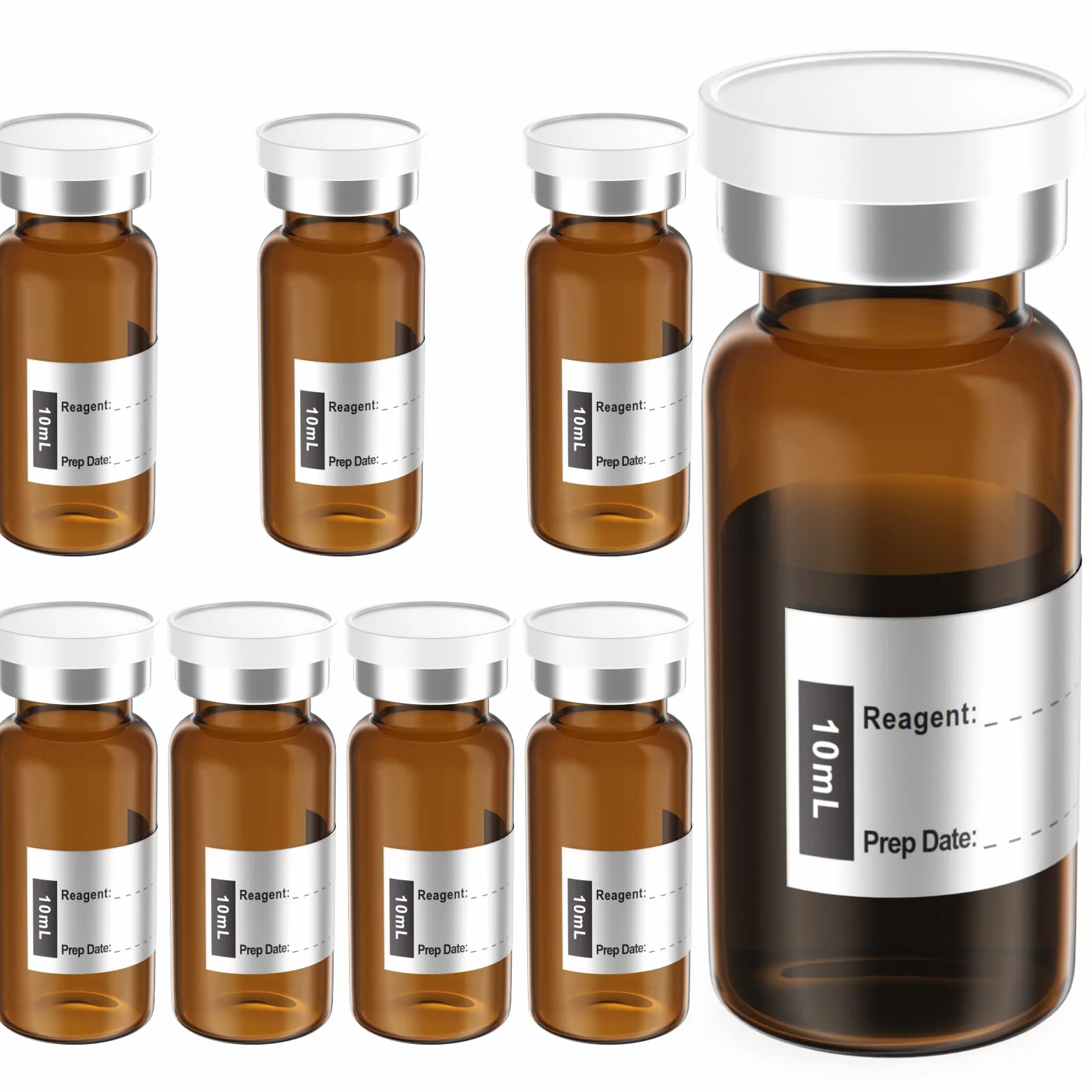 Biomed Solutions Flaconcino sterile vuoto sigillato con tappo in gomma butilica e chiusura a scatto, tubo di vetro borosilicato di tipo 1, confezionato singolarmente (10 ml, 8 pezzi (ambra))