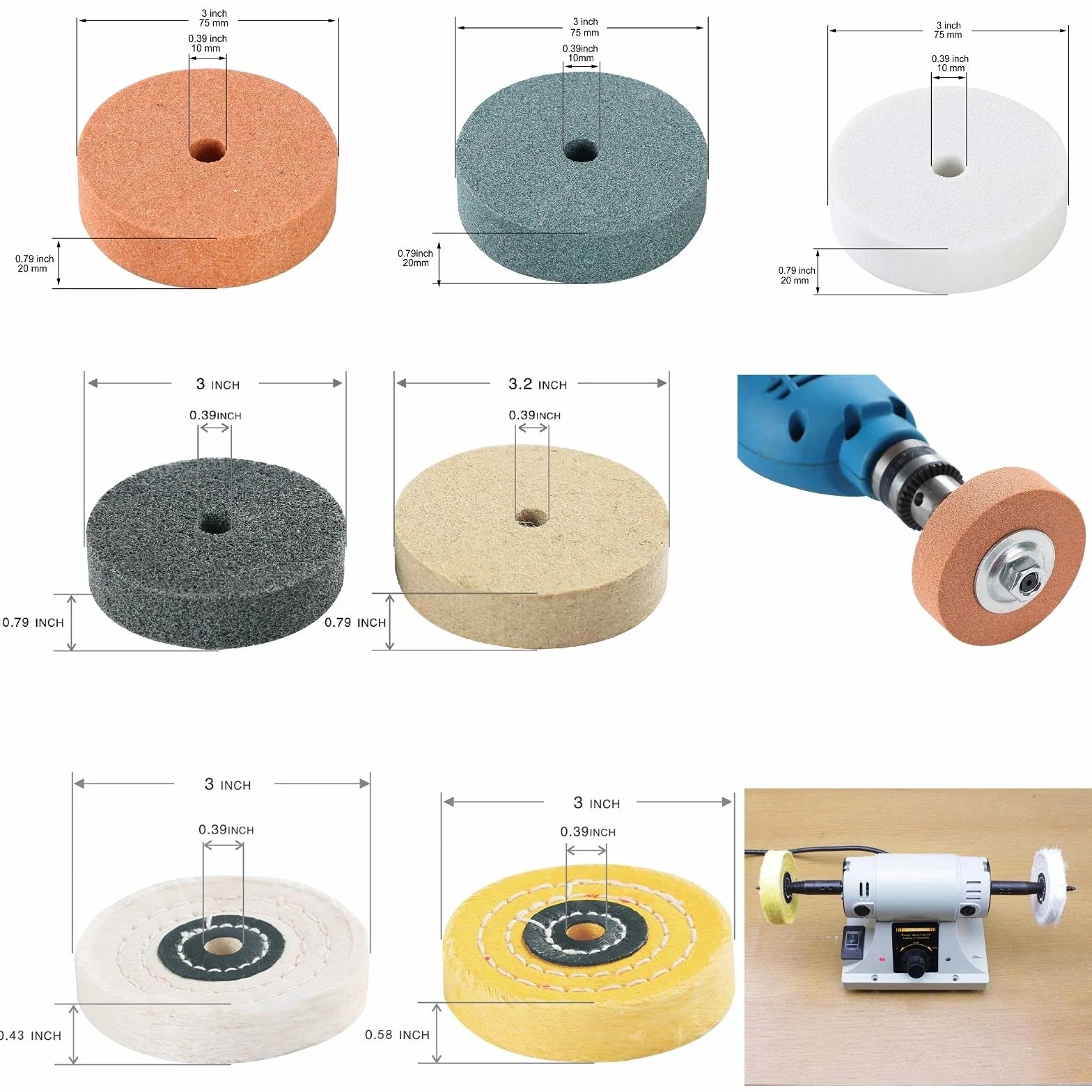 Set di mole abrasive e lucidanti da 75 mm (8 pezzi). Adatto per mini-lucidatrici e trapani elettrici. Affilatura, rimozione della ruggine e lucidatura. Adatto per il fai da te