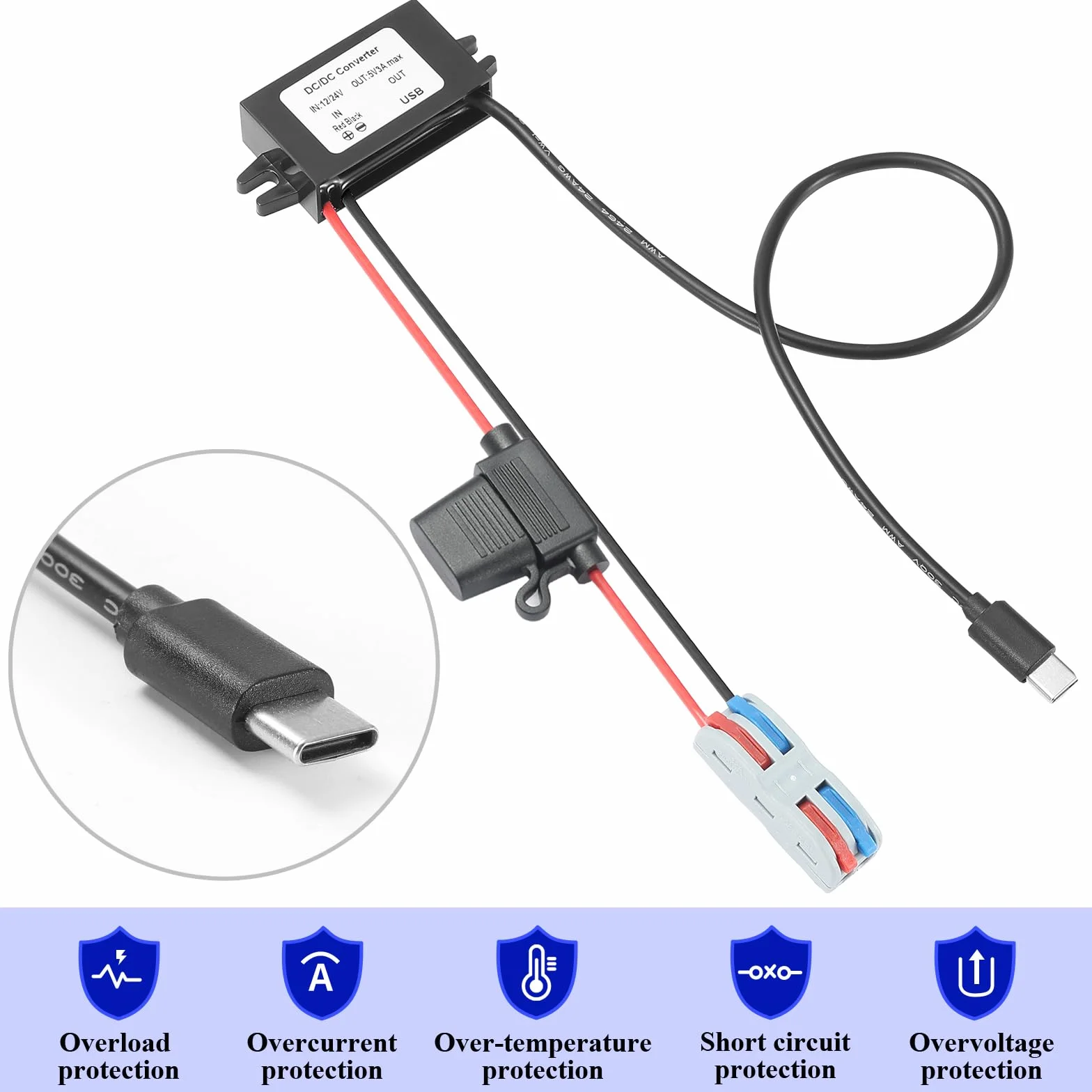 USB C Step Down Converter 12V 24V to 5V 3A 15W Buck