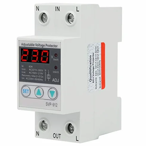 Relè di Protezione Tensione 230V SVP-912, 63A, Regolabile Sovra/Sotto Tensione, con Voltmetro, Recupero Automatico, per Reti 50Hz