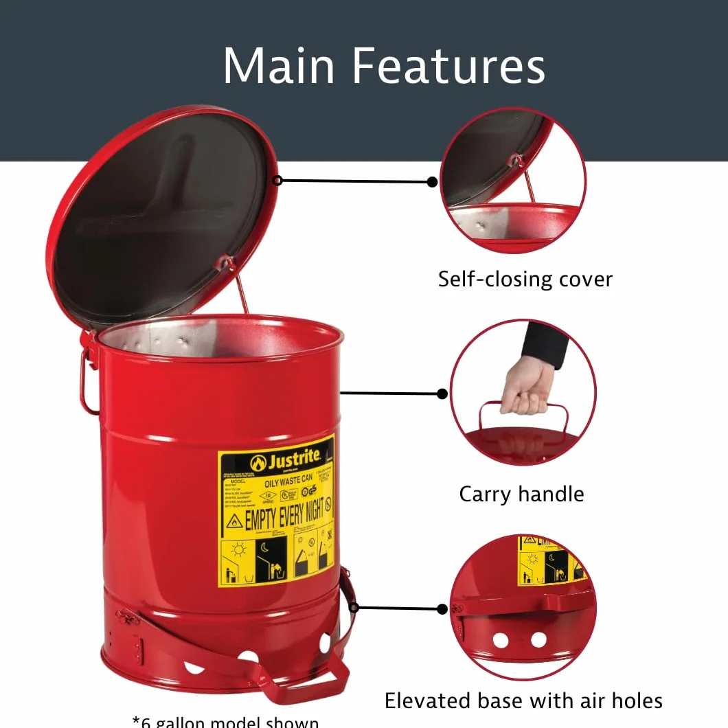 Justrite 09700 rifiuti oleosi di sicurezza in acciaio zincato con leva per piede, capacità 80 L, diametro x 18-3/20,32 cm (8") 23-7/H (16 40,64 cm, colore: rosso