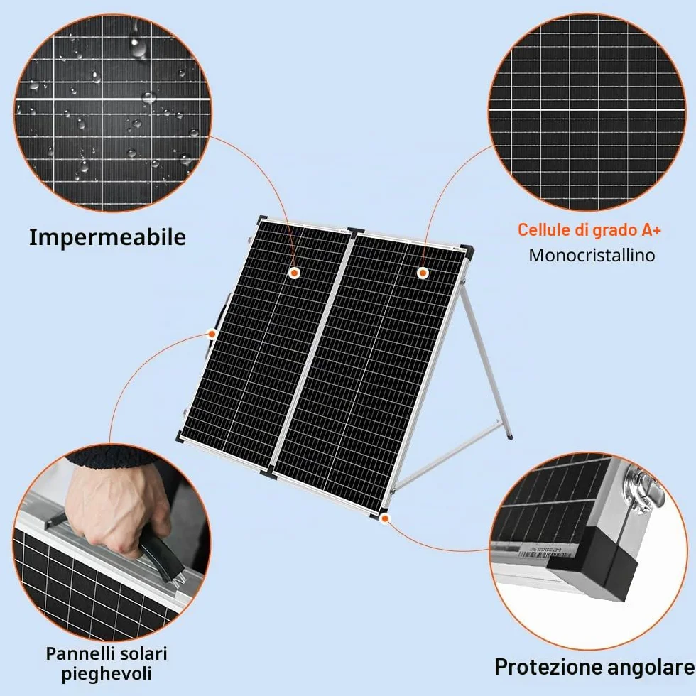 DOKIO 160W 18V Pannello Solare Portatile Pieghevole Monocristallino per batteria da 12V con regolatore di carica solare (2 porte USB) + borsa per il trasporto