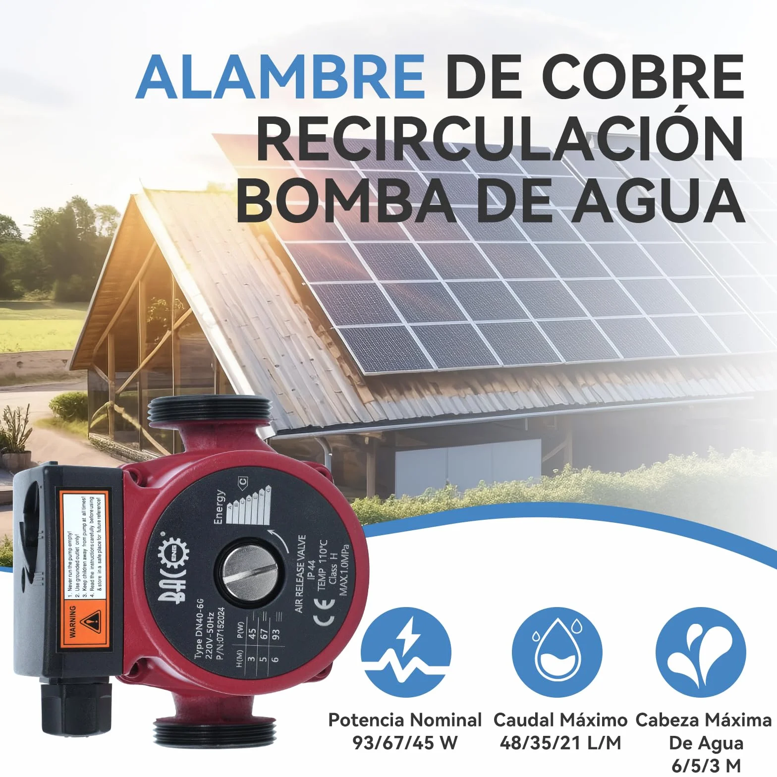 BACOENG Pompa di Circolatore Riscaldamento RS 25/6-130 Pompa di Ricircolo Acqua Calda Sanitaria 220V/50 Hz