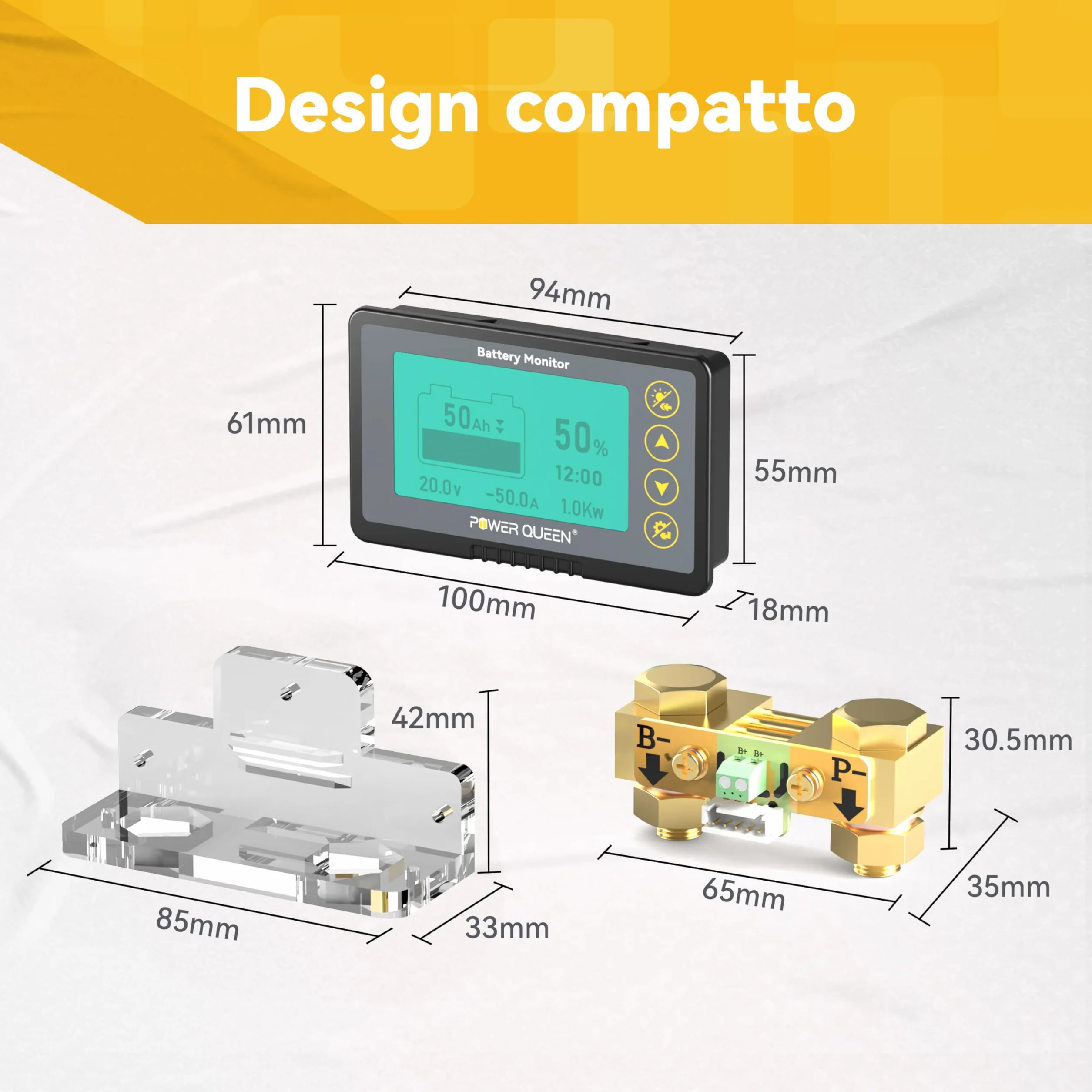 Power Queen Monitor della batteria da 500 A con Shunt, allarme programmabile, 8 V-120 V, indicatore LCD, cavo schermato, compatibile con litio da 12 V, LiFePO4, gel, batterie allagate