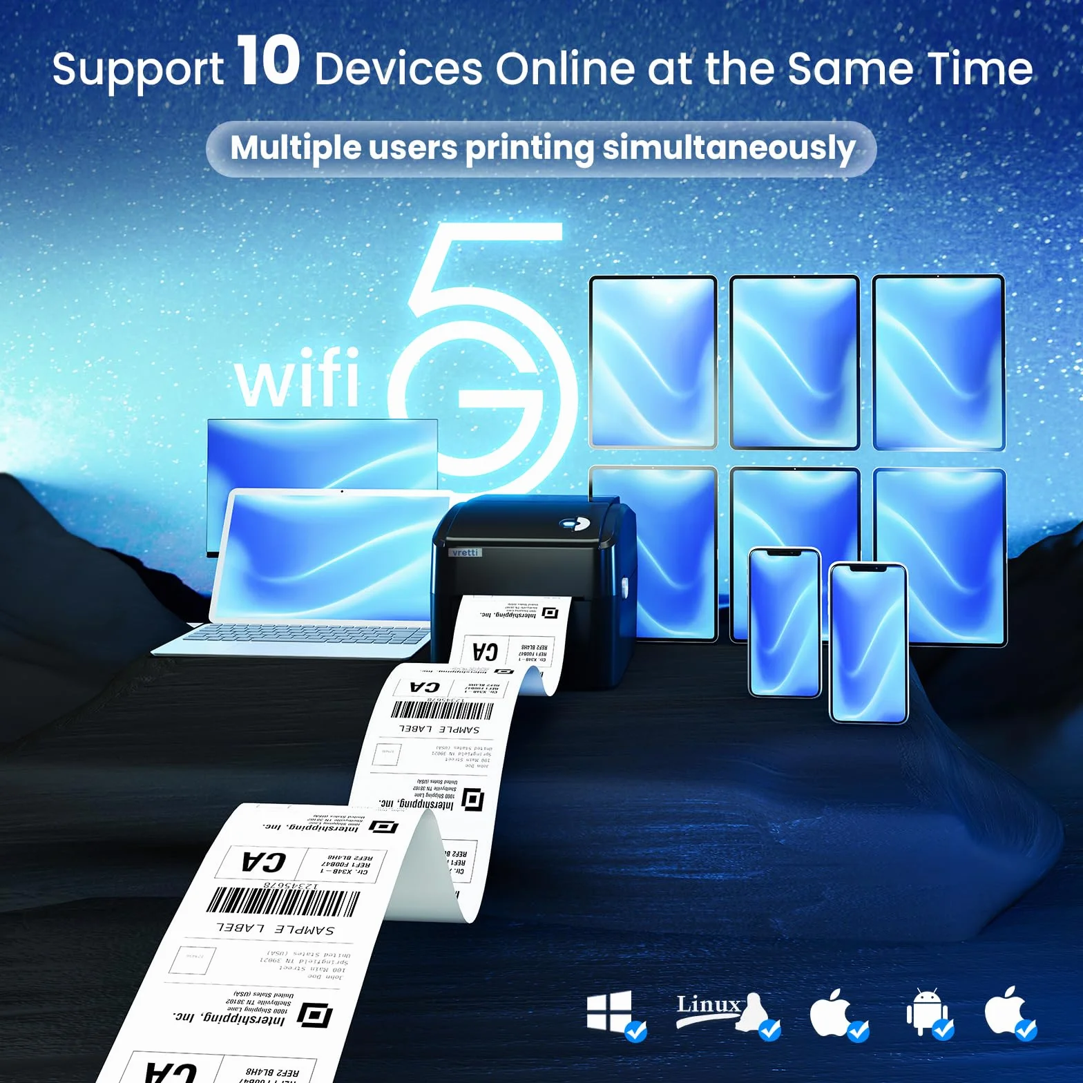 vretti Stampante Etichette Termica Professionale con WiFi e USB, Senza Cartuccia, Risparmio 70%, Testina 3X Durata 99.99% Scansione Riuscita, Compatibile con Amazon, DHL, eBay, Shopify