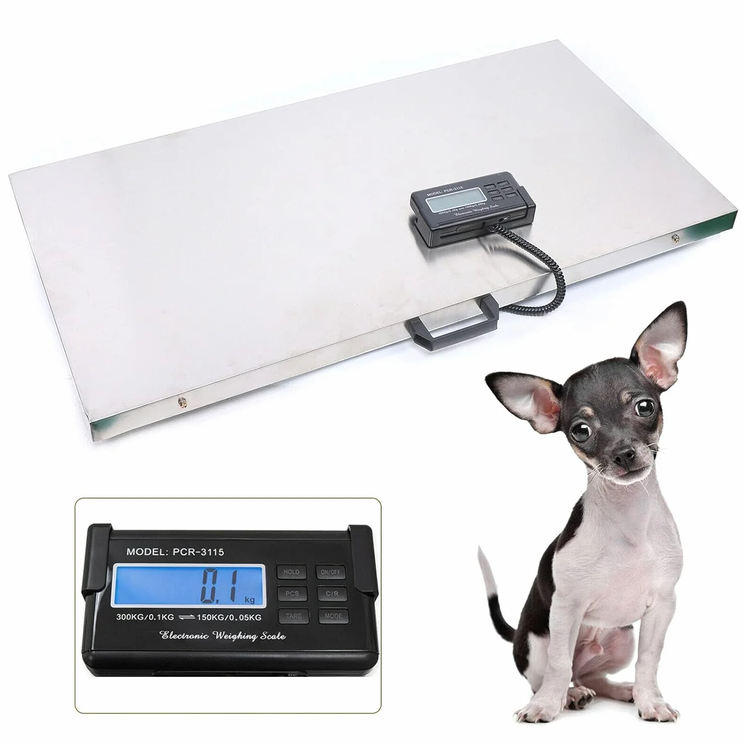 Bilancia digitale per animali domestici, 300 kg, in acciaio inox, grande e robusta, tre unità di pesatura con display LCD per cliniche veterinarie