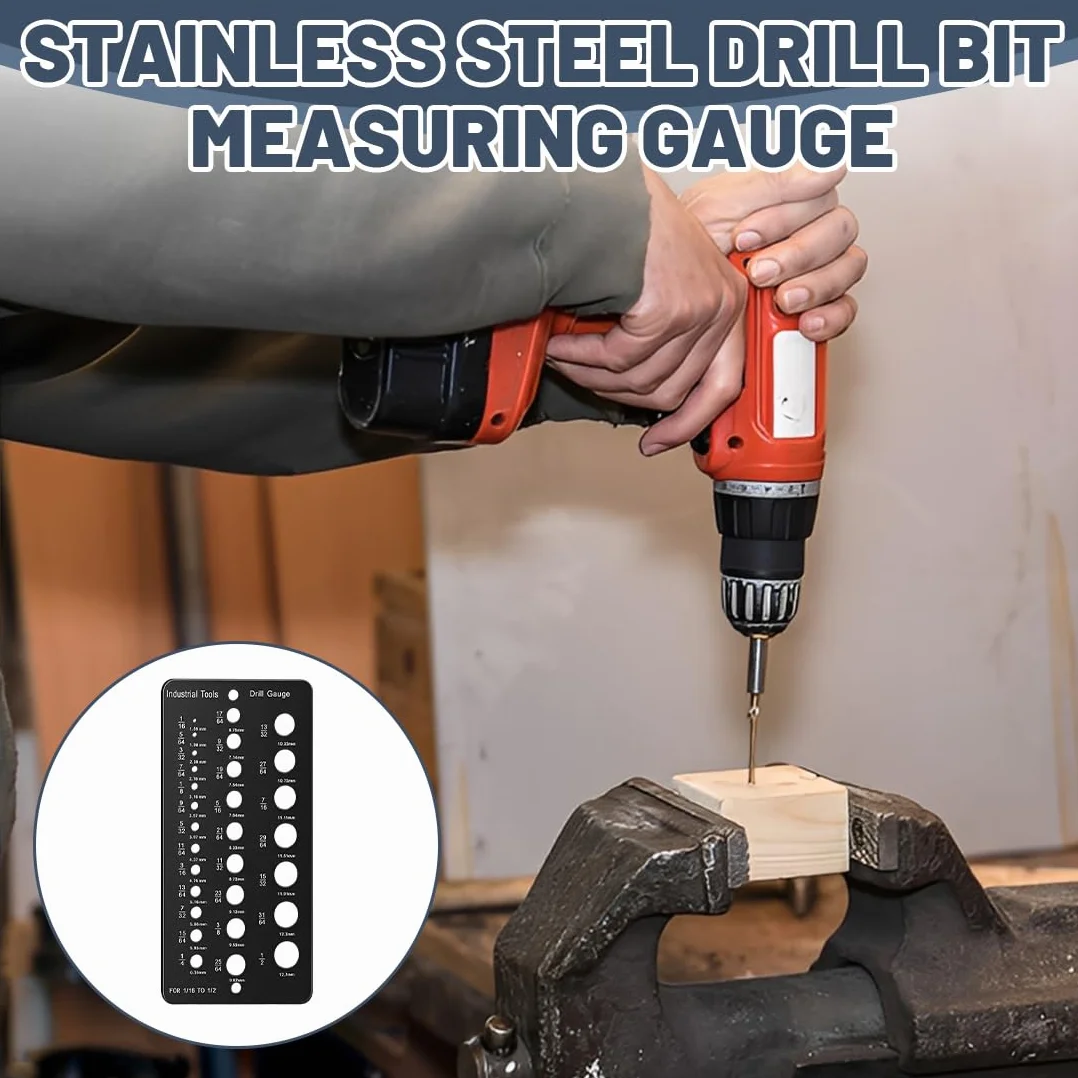 Calibro Punte Trapano 1/16–1/2 Pollice, Drill Gauge in Metallo Nero, Misuratore con Incrementi 1/64, Strumento Identificazione Punte per Officina Fai da Te
