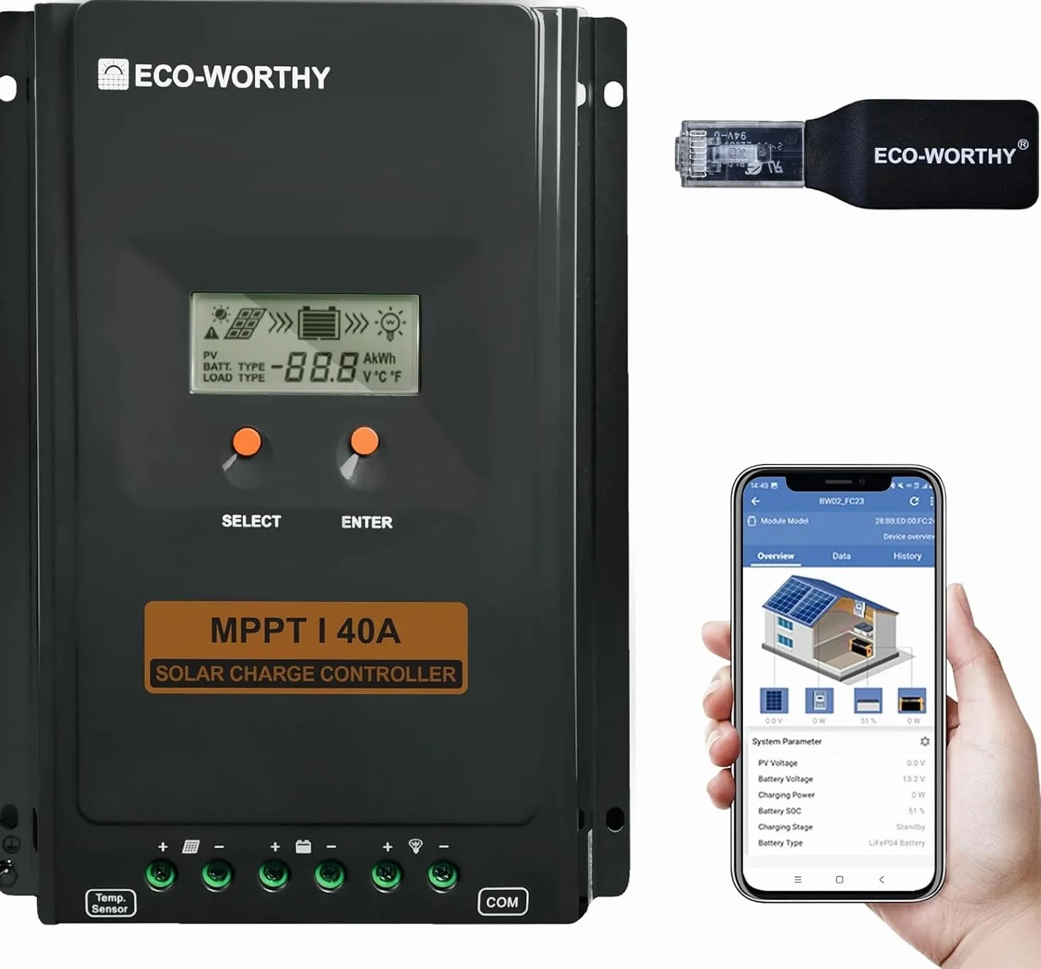 ECO-WORTHY Regolatore di carica 40A MPPT,Regolatore Solare 12V/24V con Display LCD, Monitoraggio Tramite App Bluetooth e RS485, Efficienza di Carica del 99% per Batterie al litio GEL SLA FLD