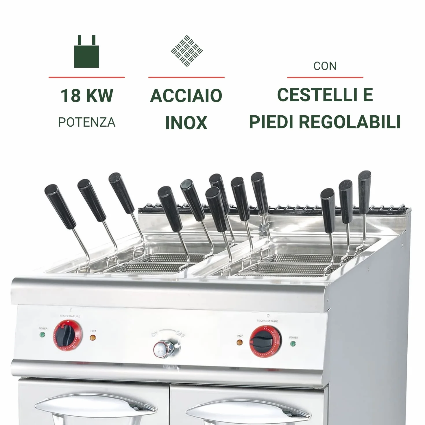 Ristoattrezzature Cuocipasta Elettrico su Vano Chiuso - Acciaio Inox - 2 vasche - Capacità di 24+24 litri S/70-80x70 cm
